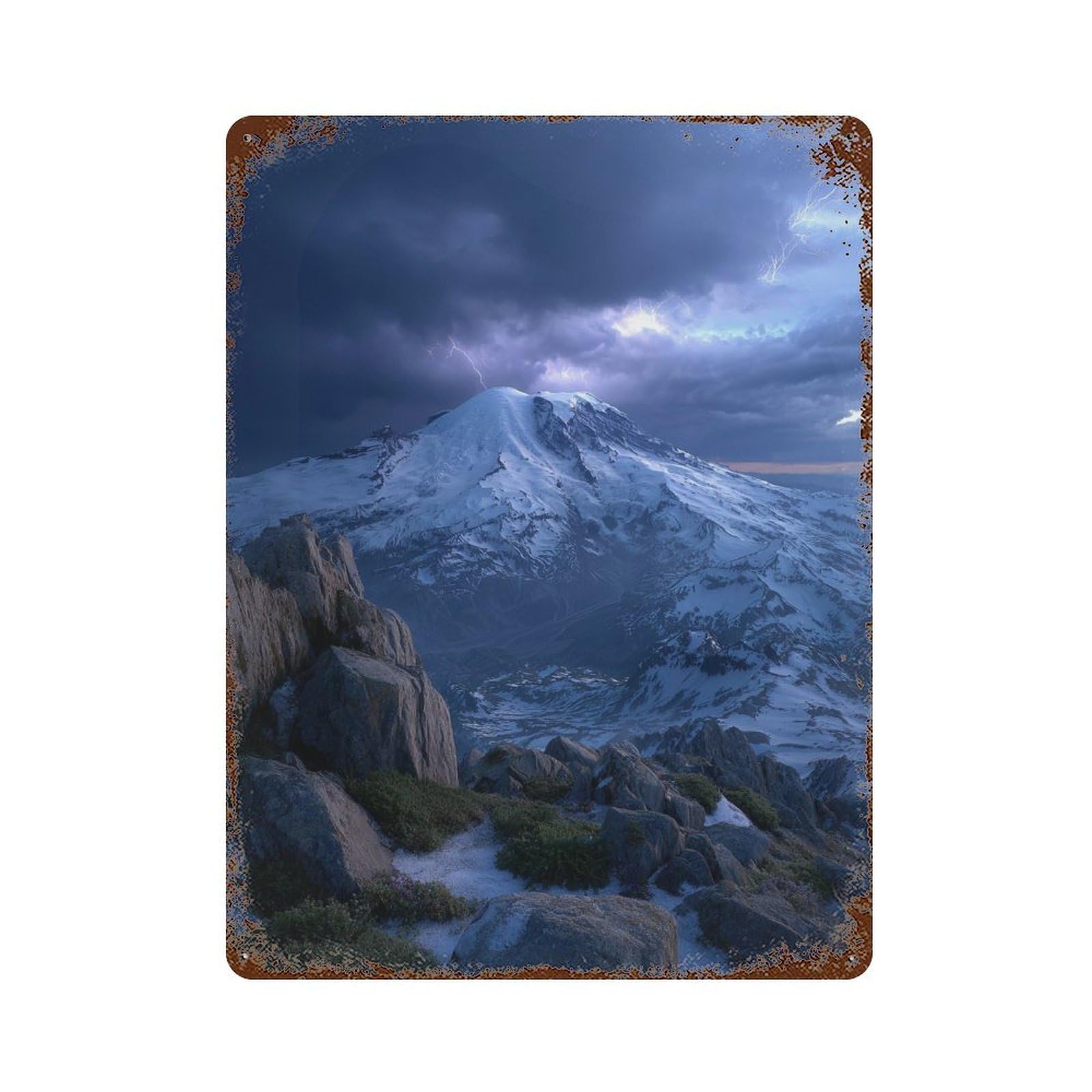 Mountain Peak Lightning Storm 15.7"x11.8" Weathered Tin Sign, Rustic Home Decor for Living Room, Hallway And Home Decor