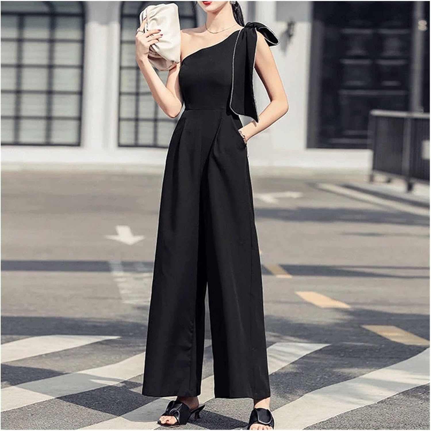 n/a ロングジャンプスーツエレガントな傾斜肩幅ワイドレッグパントリンハイレディース服 (Color : Black, Size :