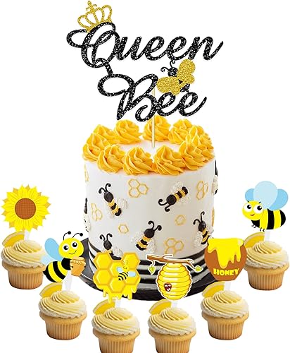 Decoración de pastel de abeja reina con purpurina para cumpleaños de mamá, abejorro, colmena, abeja, abeja, abeja, abeja, abeja, mamá a abeja,