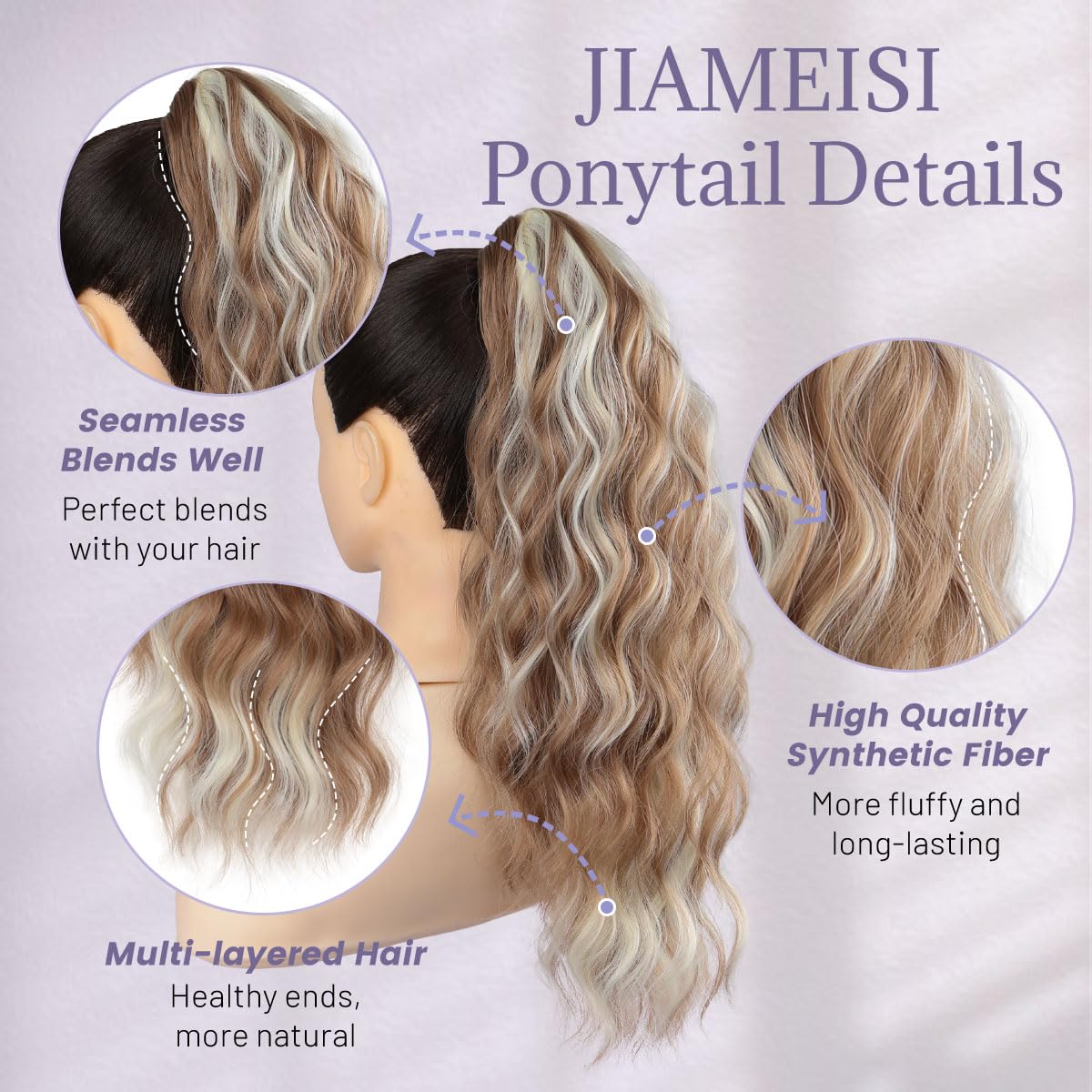 JIAMEISI Ponytail Extension 18 Inch Claw Clip Ponytail Hair Extensions Long Curly Wavy Highlight Clip in Pony Tails Extension Synthetic Fluffy Hairpiece for Women (Honey Gold Mixed Light Blonde) - Image 3