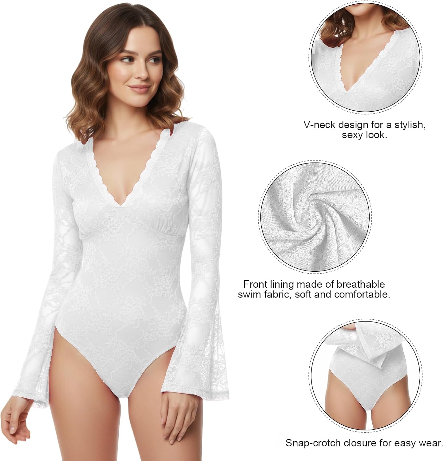 Women's Lace Bodysuit Double Layer Body Single Layer Sleeves Deep V Neck Bell Sleeve Thong Leotard