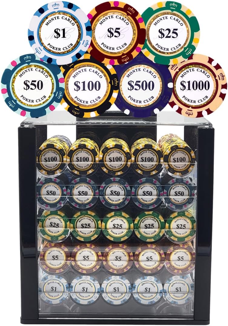 1000pcs 14g Monte Carlo Poker Club Poker Chips Set with Custom Build (1000 Chips Acrylic Case)