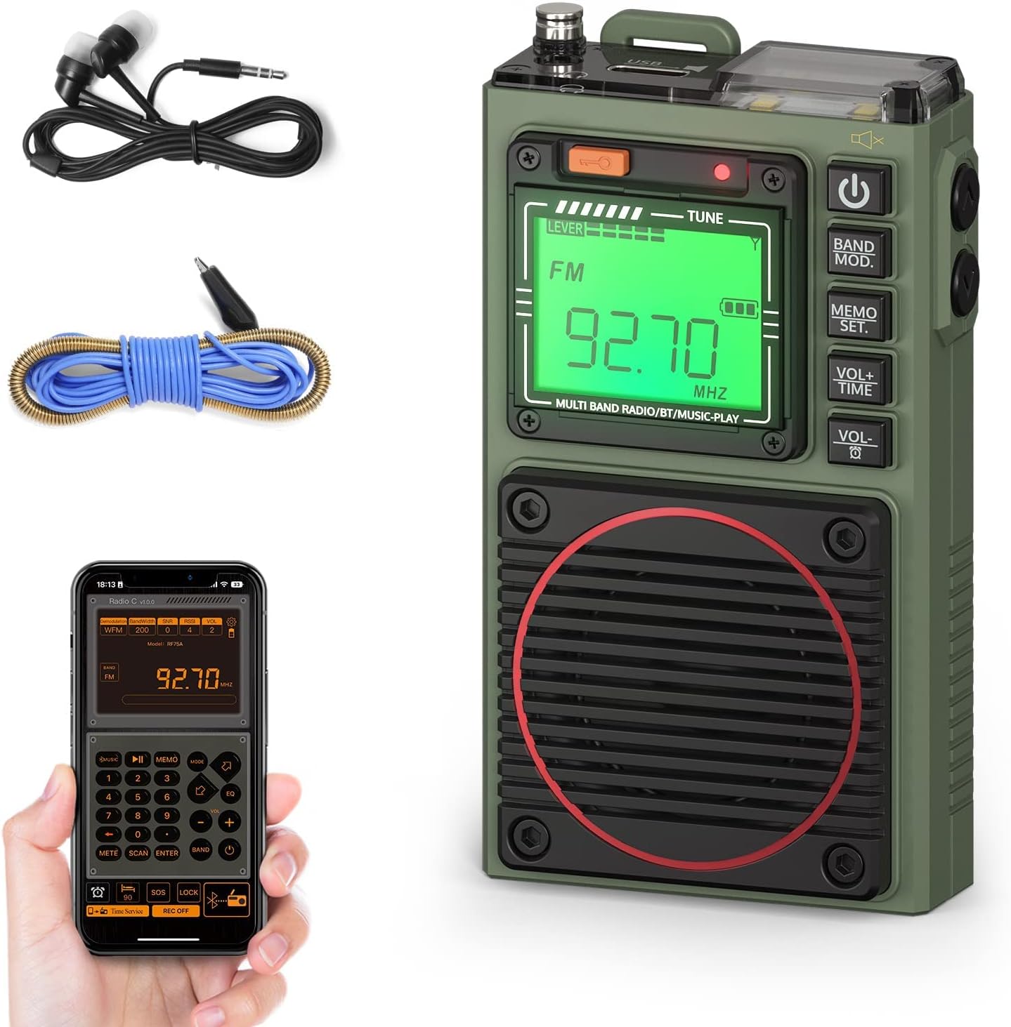 RF75A APP Control Shortwave Radio, Portable Shortwave Radios AM/FM/VHF/SW/WB Weather Radio, Pocket Radio Rechargeable w/ 9.85 Ft Wire Antenna (Army Green)