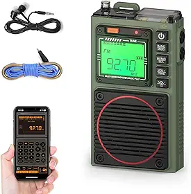 Raddy Rádio de ondas curtas com controle de aplicativo RF75A, receptor portátil AM/FM/VHF/SW com Bluetooth, rádio de bolso recarregável com antena de fio de 2,5 m