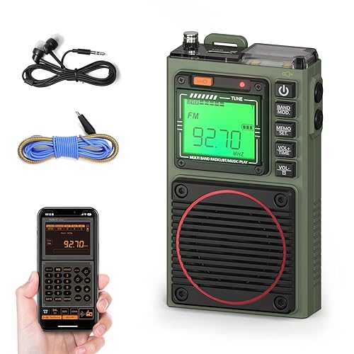 Raddy RF75A APP Control Shortwave Radio, Portable Shortwave Radios AM/FM/VHF/SW/WB Weather Radio, Pocket Radio Rechargeable w/ 9.85 Ft Wire Antenna (Army Green)