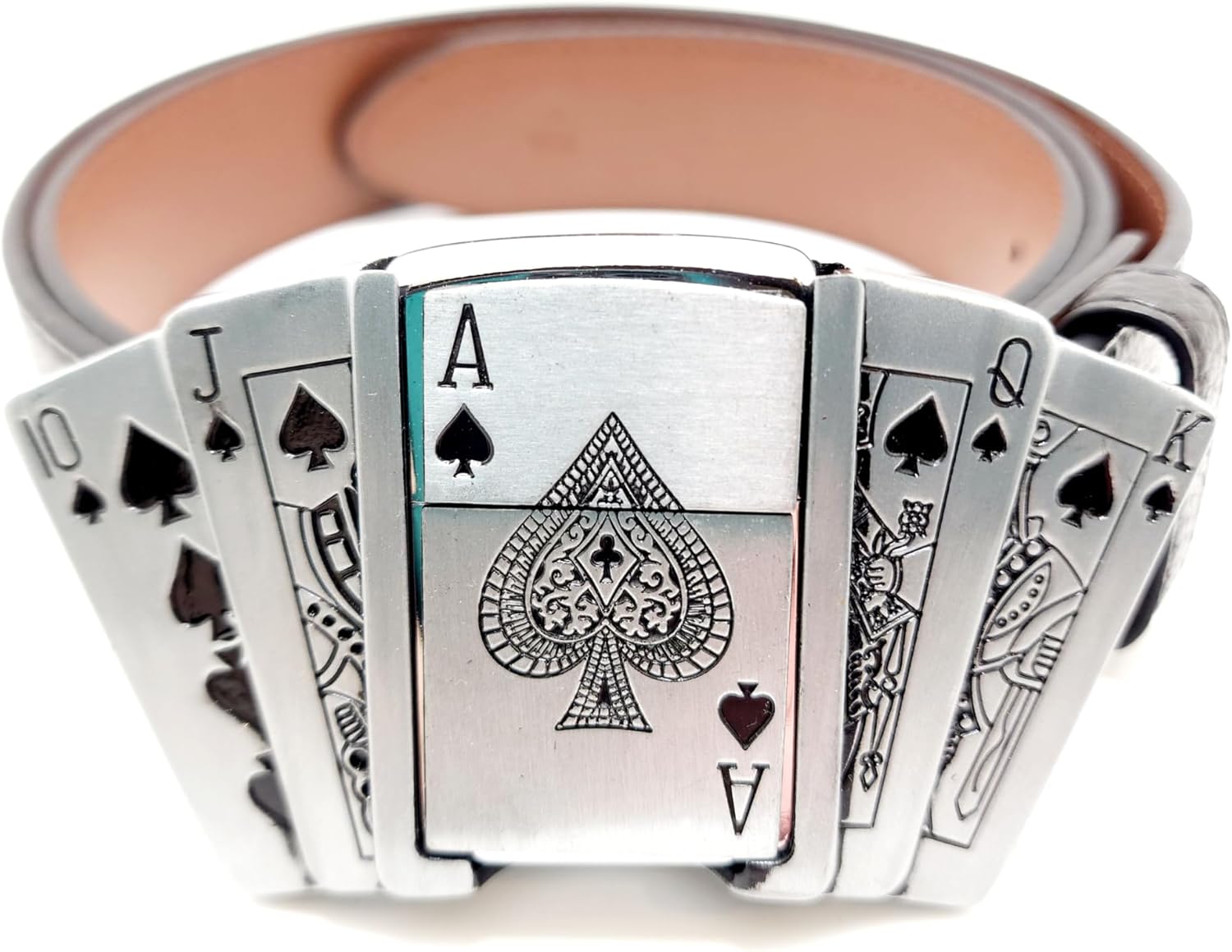 Poker Royal Flush Lighter Belt Buckle w/Heavy Duty 100% Vegan Leather Snap Button Belt