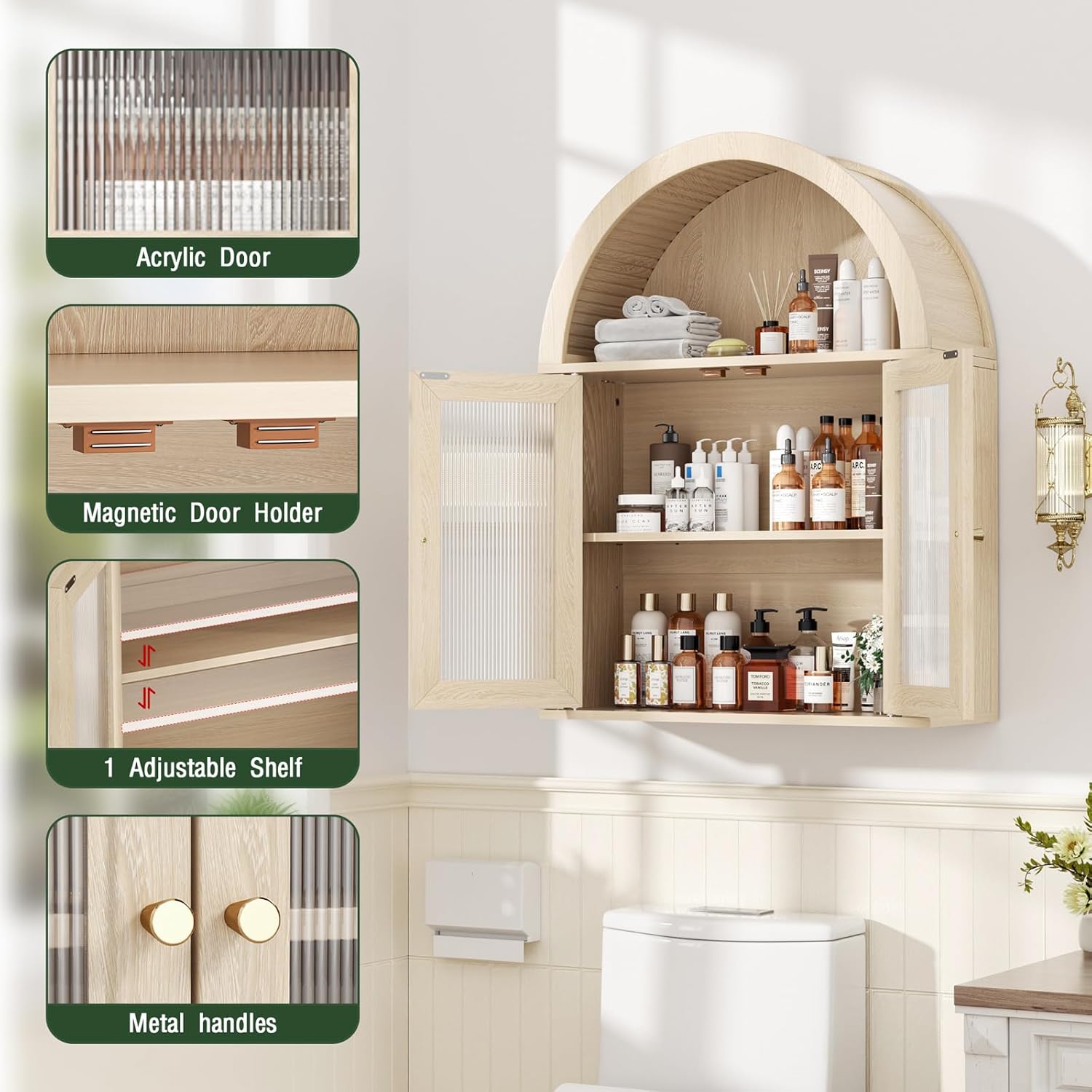 Medicine Cabinet with Arched Top, Bathroom Wall Cabinet Over Toilet with Wave Pattern Acrylic Doors and Removable Shelf, Roman Style Small Wall Cabinets for Kitchen, Living room, Laundry Room, Oak