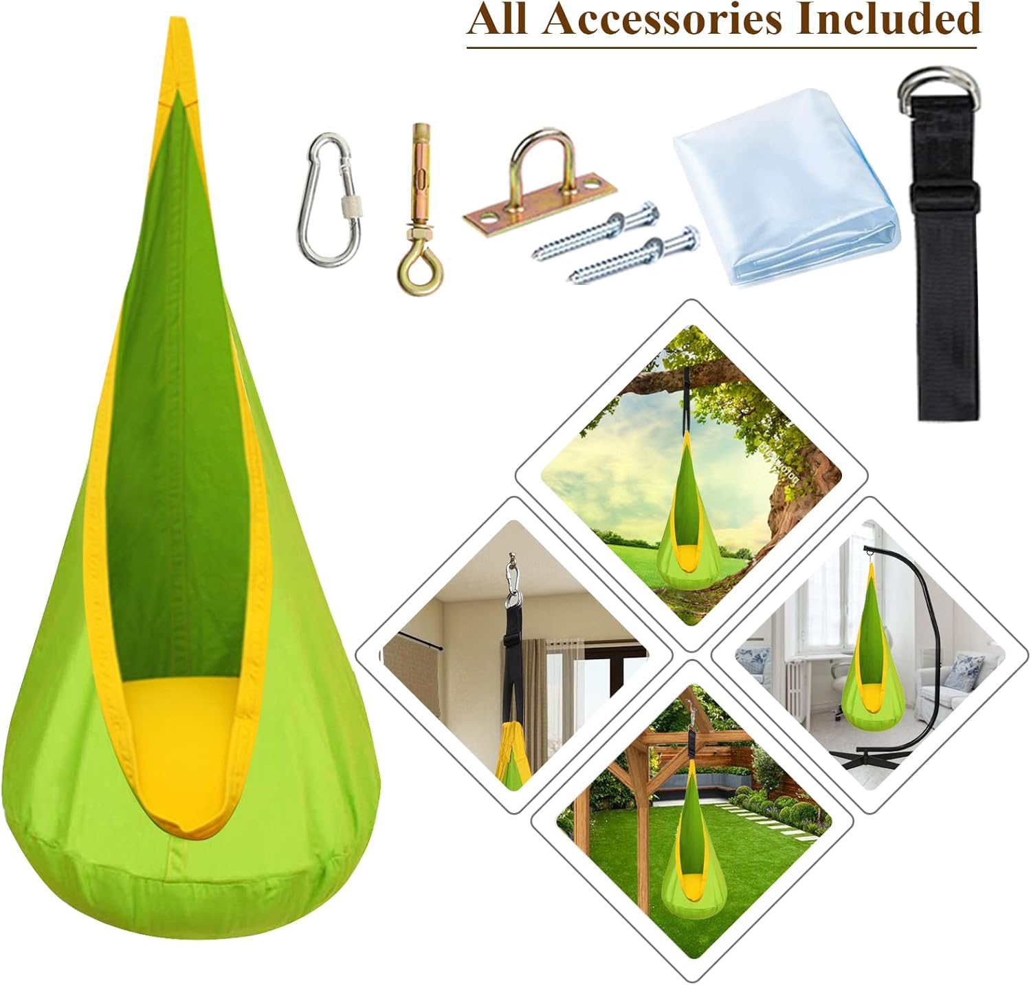 C-CHAIN Swing Pod Chair for Kids, Cotton Hammock Chair with Durable Air Cushion, Child Swing Seat Nest with Adjustable Rope, All Accessories Included (Green)