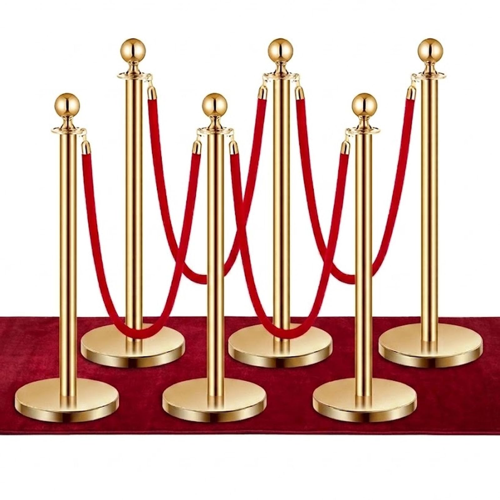 Set di montanti dorati e corde in velluto rosso (6 pali, 4 corde), barriere di controllo della folla in acciaio inossidabile per eventi e feste VIP