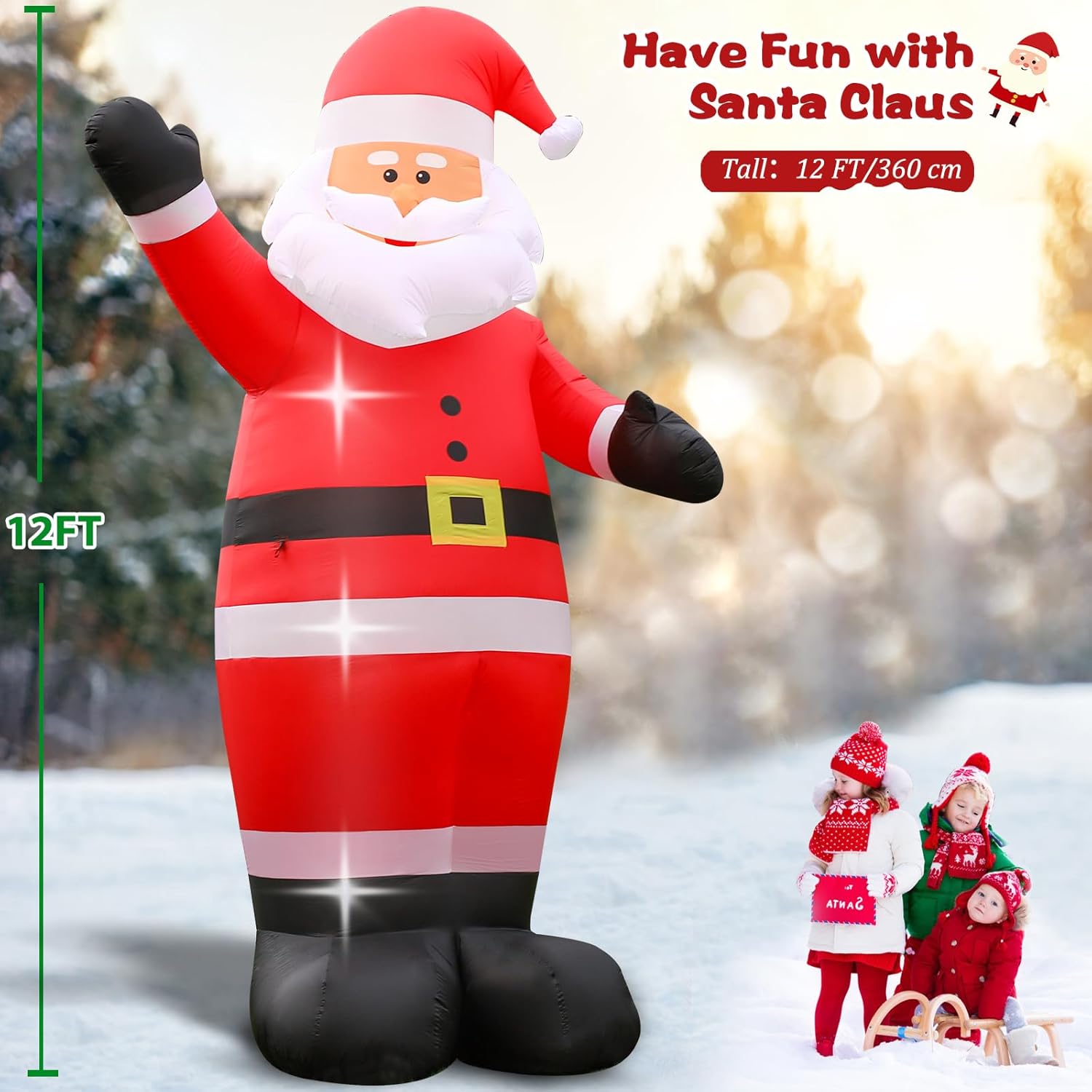 FunFanso 12 FT Giant Christmas Inflatable Santa Claus Outdoor Decoration, Cute Santa Tilting His Head and Waving Hand, Outside Waterproof Xmas Decor for Lawn Yard Patio Garden Holiday Party Porch Home