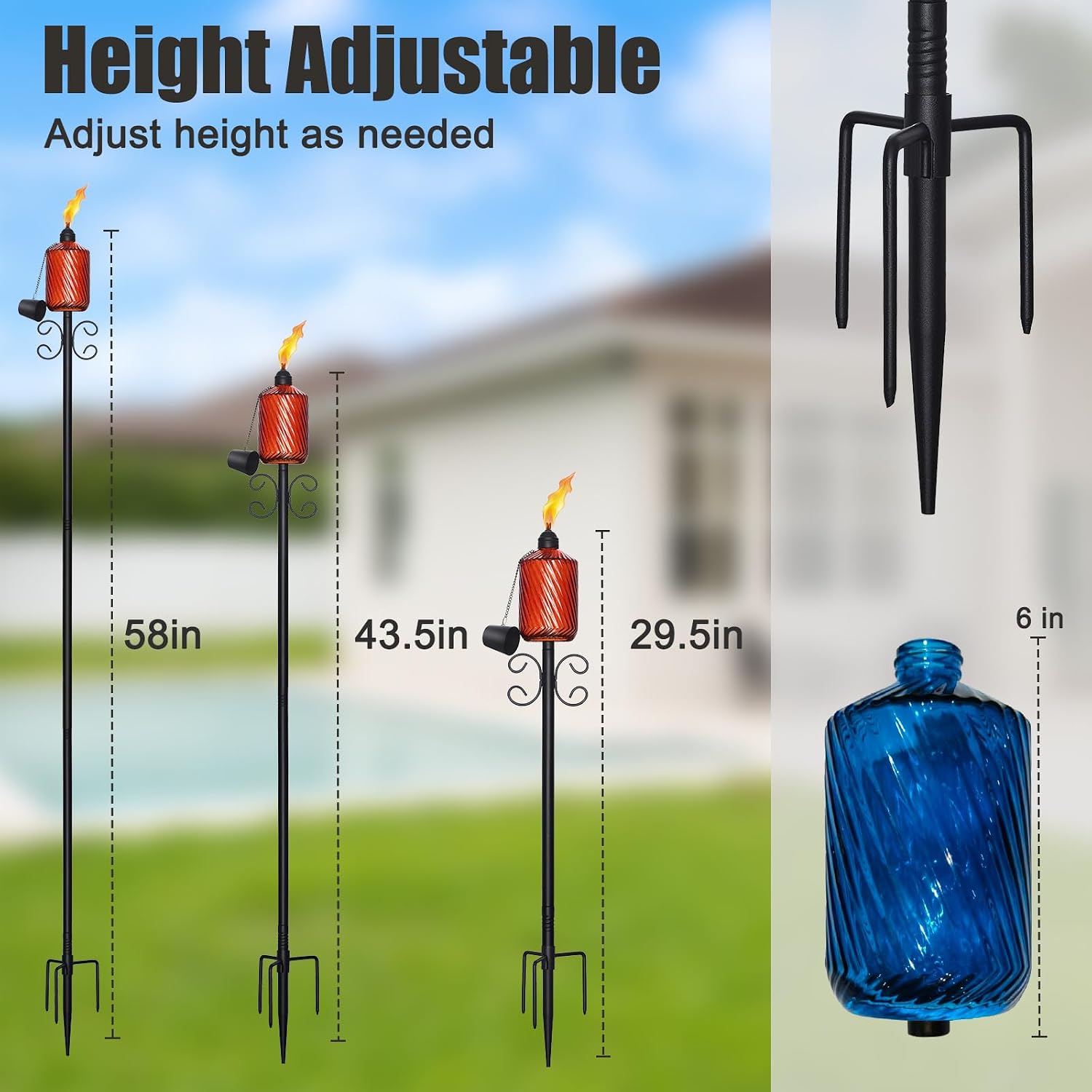 4 Pack Garden Torches for Outside, 14 oz Glass Citronella Torches,29-58 inch Outdoor Citronella Torches with 4-Prong Grounded Stake for Garden, Patio, Party,Yard, Pathway( Multi-Color)