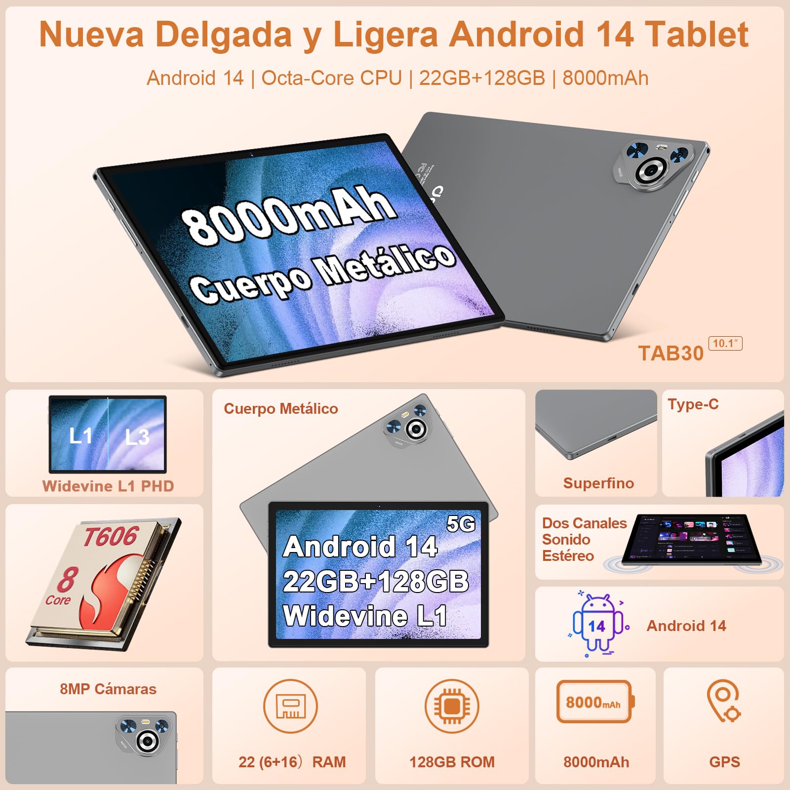 Dghrti 2025 Newest Tablet 10 pollici Android 14, 22(6+16) GB RAM+128GB ROM/TF 2TB, 8-Core, 8000mAh, GPS, Face ID, Widevine L1, BT5.0, 8MP+5MP, WLAN 6, Controllo Parentale, Tastiera, Mouse, Gray
