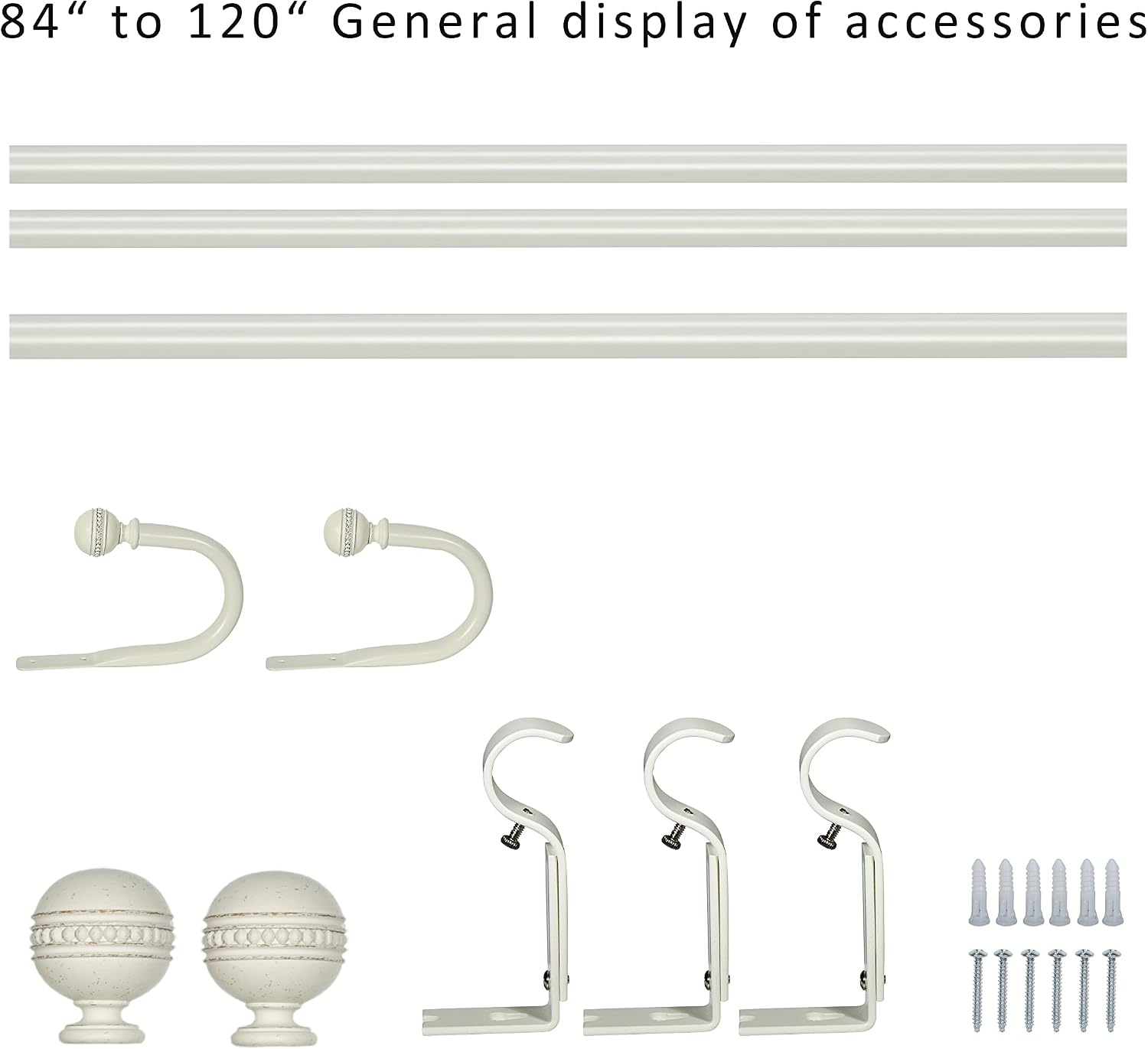 1" Curtain Rod with Sable Finials - 84" to 120", Weathered White