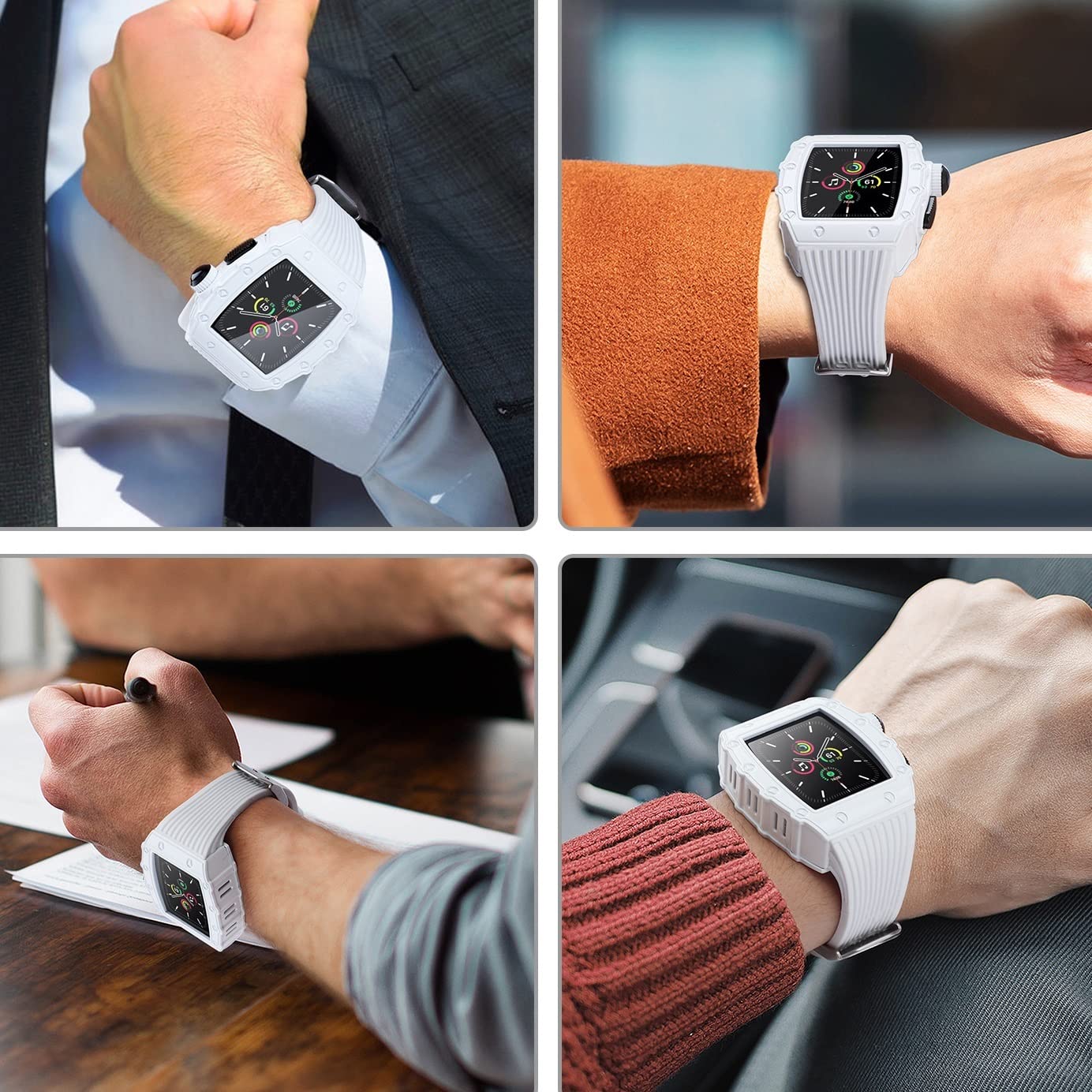 SCHIK Luksusowe metalowe etui + hartowana folia do Apple Watch Band 44 mm, 45 mm, sportowy silikonowy pasek do iWatch serii 8, 7, 6, SE, 5, 4, zestaw modyfikacyjny
