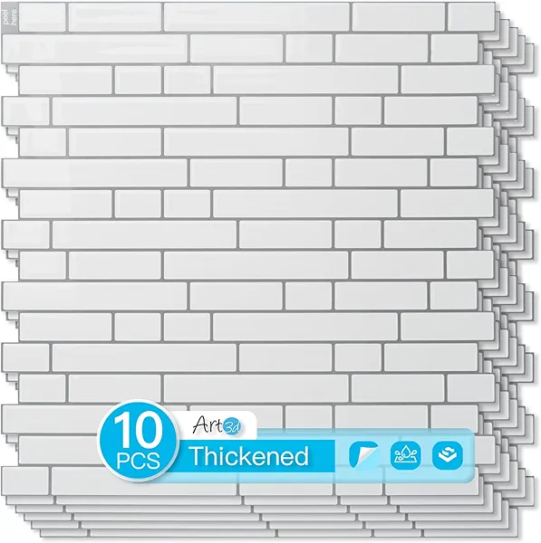 Art3d 10-Sheet Heavy-Duty Peel and Stick Backsplash, Waterproof Wall Tiles Stick on Kitchen Backsplash Living Space, White with Gray Grout