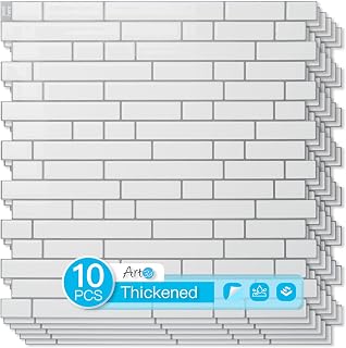 Art3d Linear Tile Peel and Stick Backsplash, 10-Pack, White with Gray Grout