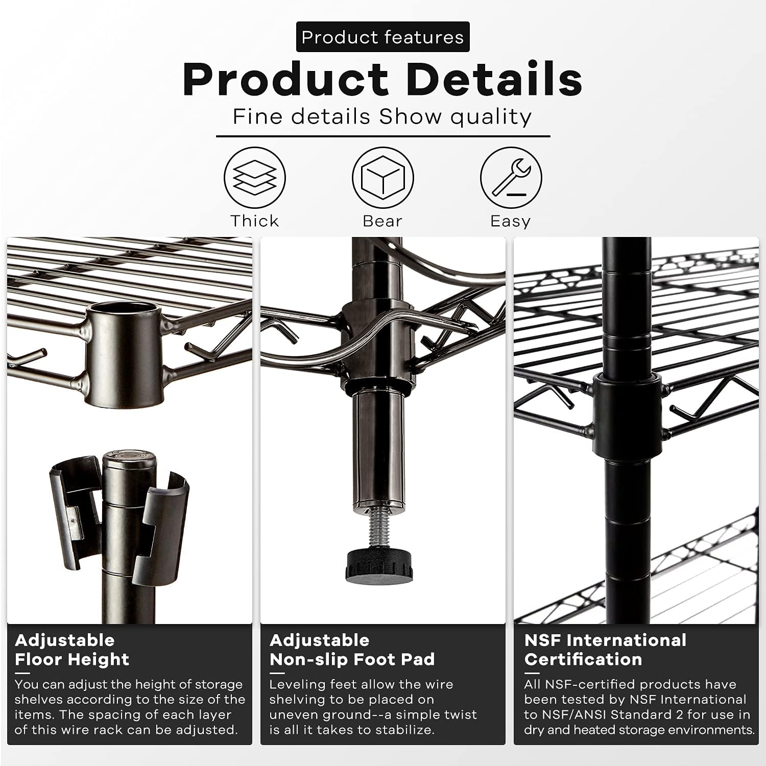 HCY 4-Tier Wire Shelving Unit Storage Shelves Shelf Organizer 54"x36"x14" Heavy Duty Metal Storage Rack NSF Height Adjustable for Laundry Bathroom Kitchen Garage Pantry Organization(Black)