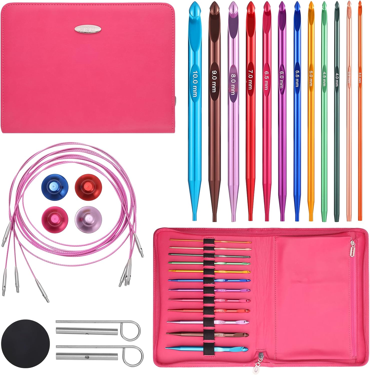 AIYUNDI Tunisian Crochet Hooks Set with Cable, 6-Inch Aluminum Interchangeable Crochet Hooks 3mm-10mm, Long Crochet Hooks, Lightweight, Anti-Twist Swivel Cables, Ergonomic, Multicolor 26 PCS