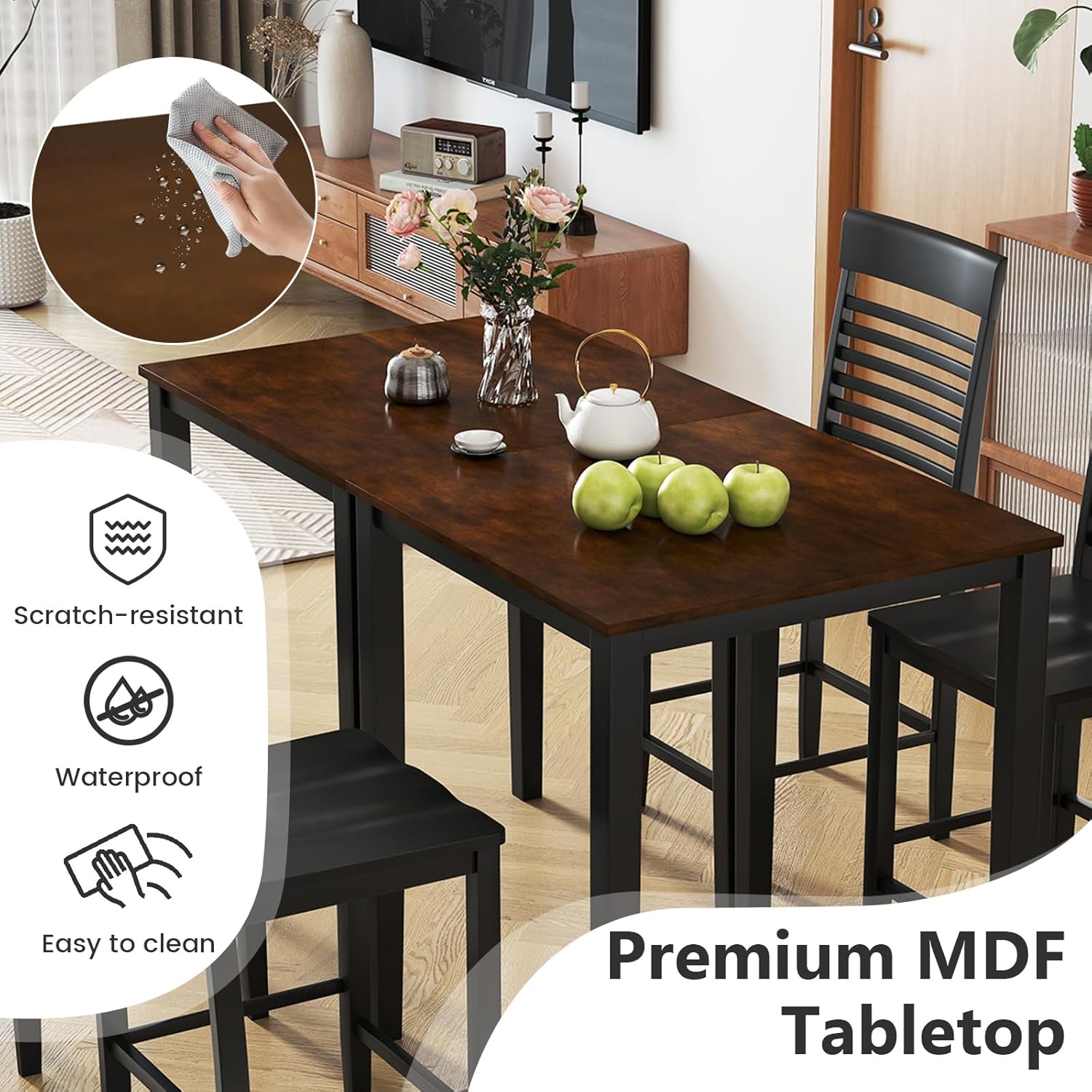 Image showing a hand wiping water droplets from the tabletop, with icons indicating scratch-resistant, waterproof, and easy-to-clean features of the premium MDF tabletop.