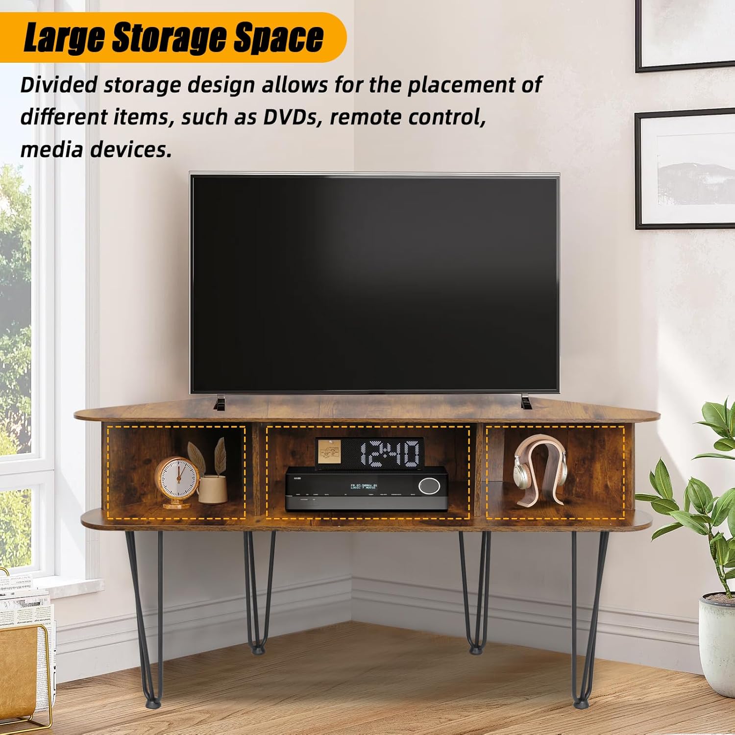 Corner TV Stand for 50 Inch TV, Entertainment Center with Storage Cabinet, Industrial Media Console Table with High Metal Feet and Anti-Slip Pads, Corner TV Stand for Living Room, Brown