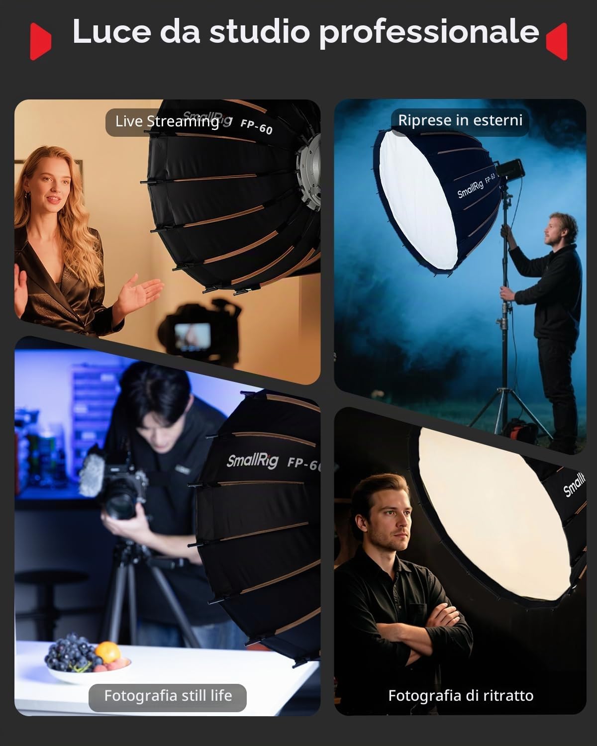 SmallRig FP-60 Parabolic Softbox, Bowens Mount, Quick-Setup, Dual Diffusion with Grid, 5396