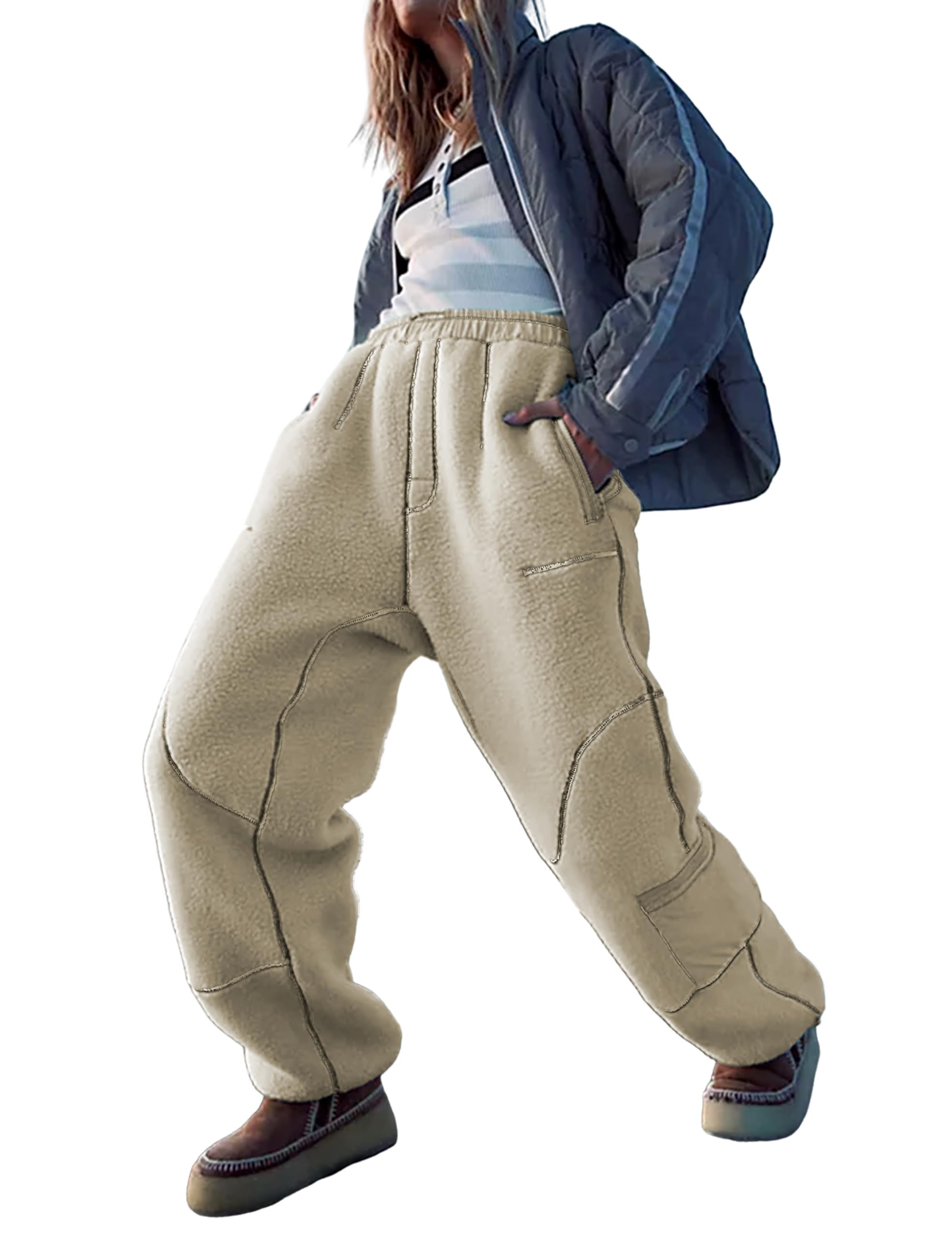 Omoone Womens 2024 Winter Fleece Sherpa Sweatpants Warm Fuzzy Snow Ski Pants Loose Slopes Activewear with Pockets