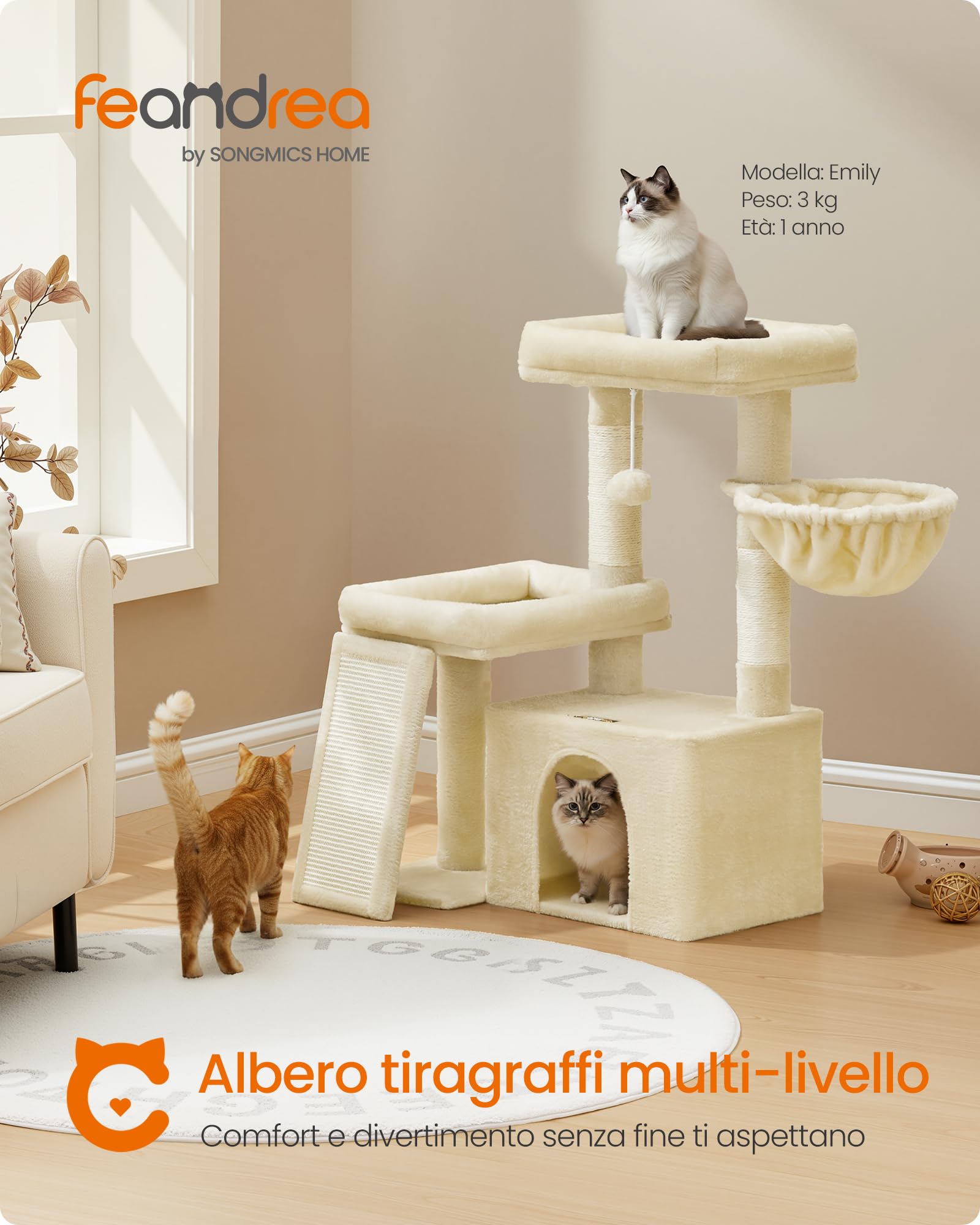 Feandrea Albero per Gatti con 2 Letti Grandi, Tiragraffi con Pali e Rampa Graffiatoio, Alto 85,8 cm, Beige Sabbia PCT013LF01