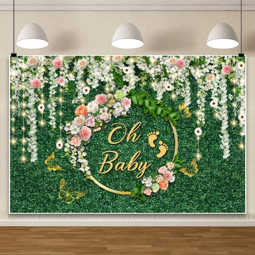 ChloropLastid Oh Baby Backdrop 10x8ft Greenery Grass Wall Floral Wreath Newborn Baby Shower Background for Photography Pregnant Announcement Party
