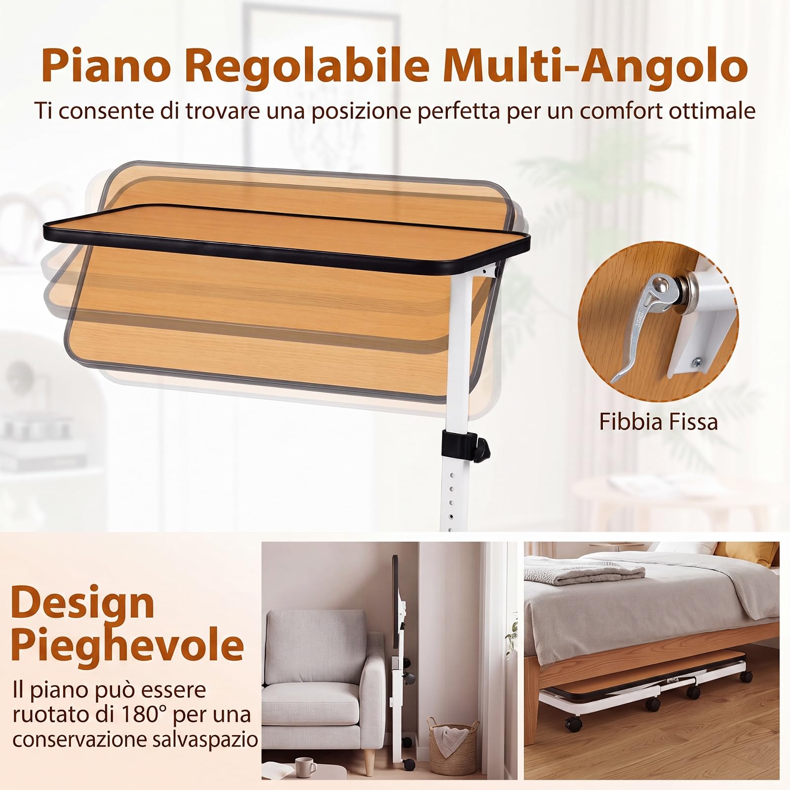 COSTWAY Tavolino Serviletto, Tavolino da Letto e Divano con Ruote (Naturale)