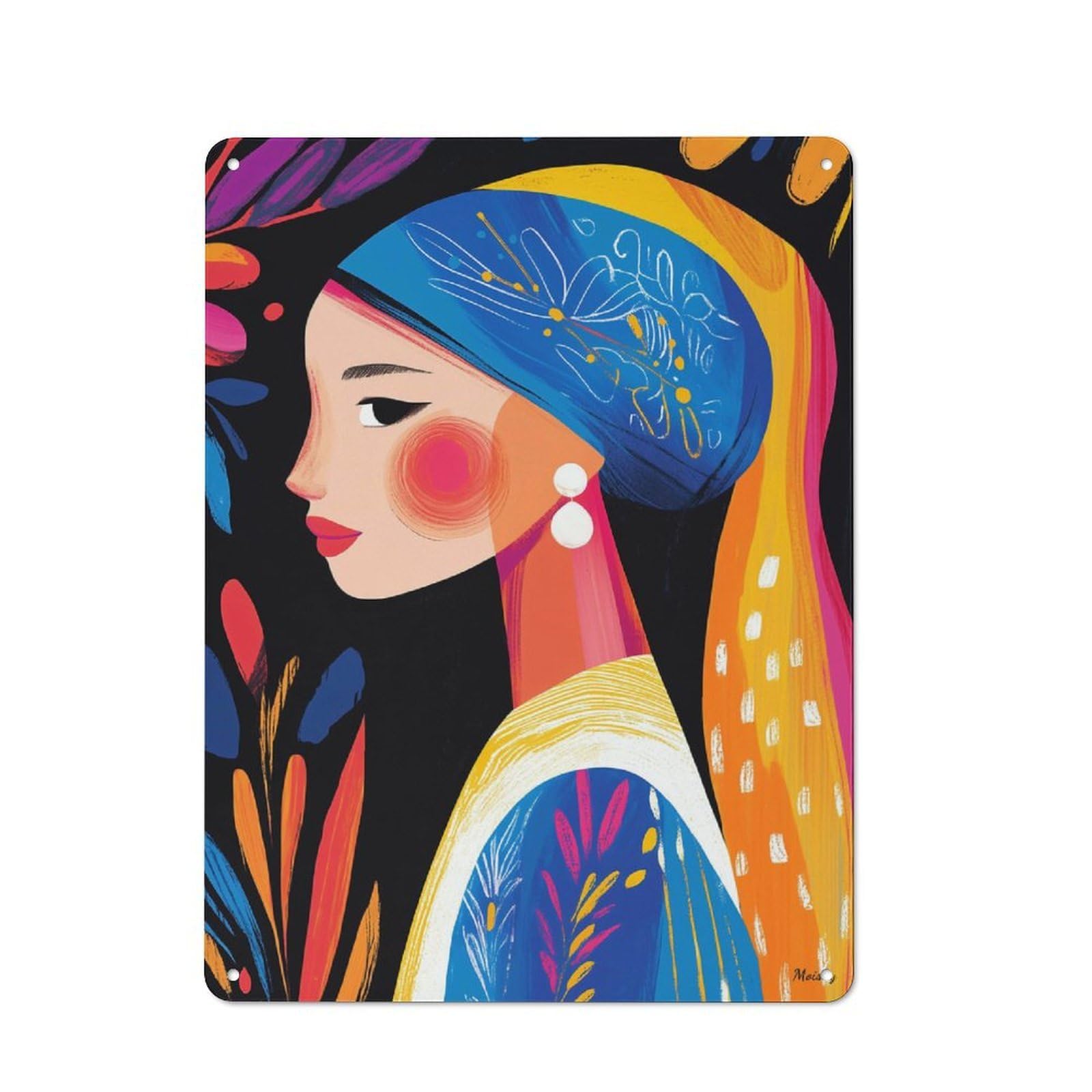 Junmoney Girls Vivid Fauvist Vision Of With A Pearl Ear 40X30cm Rustic Metal Sign With Ring For Guest Room Or Hallway, For Vintage Wall Decor Fans, For Metal Sign Collectors