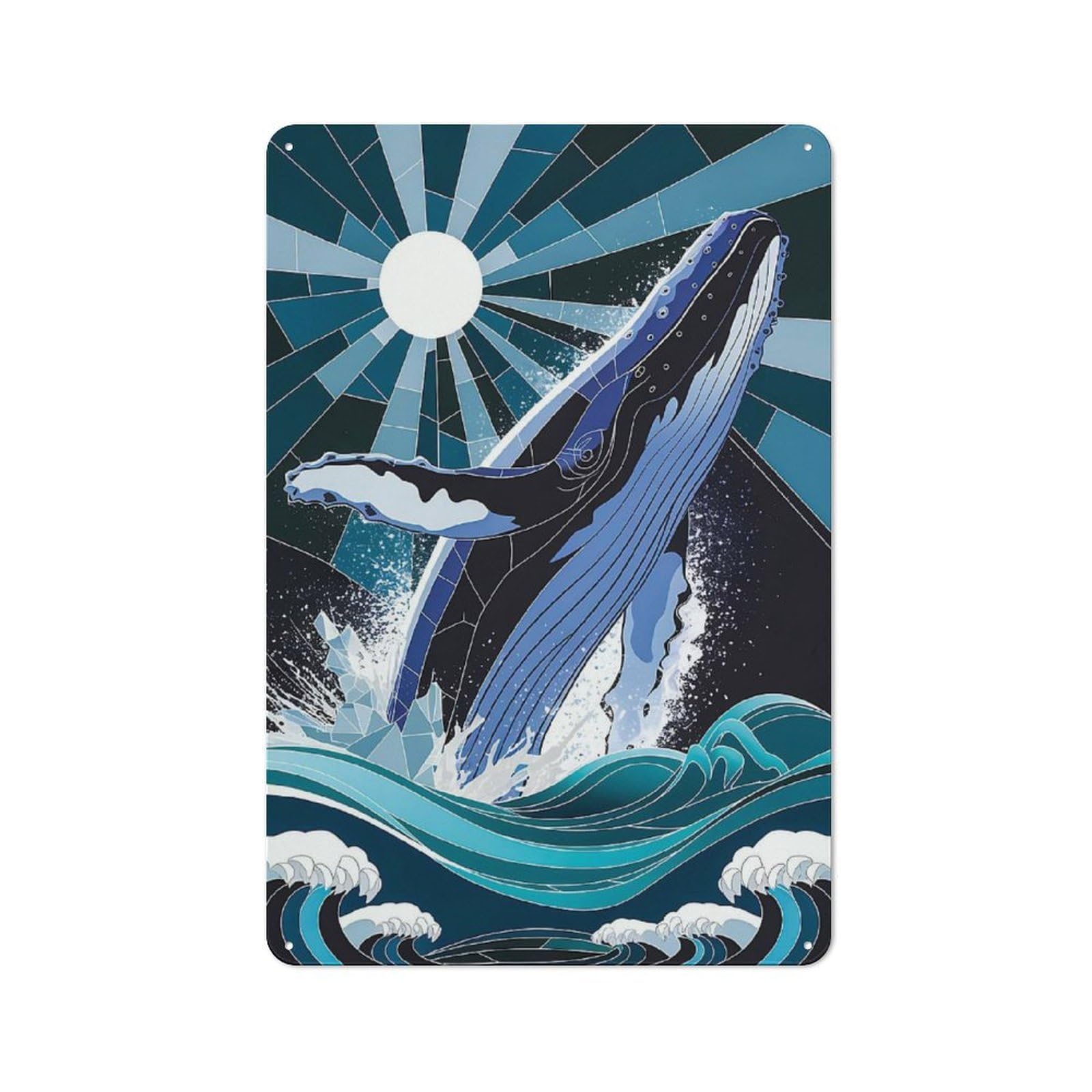 Junmoney Whale Leaping From Waves Stained Glass Decorative Tin Sign 30X20cm, Old Fashioned Old Style Wall Plaque For Lounge, Study, Pub Or Wall Gallery