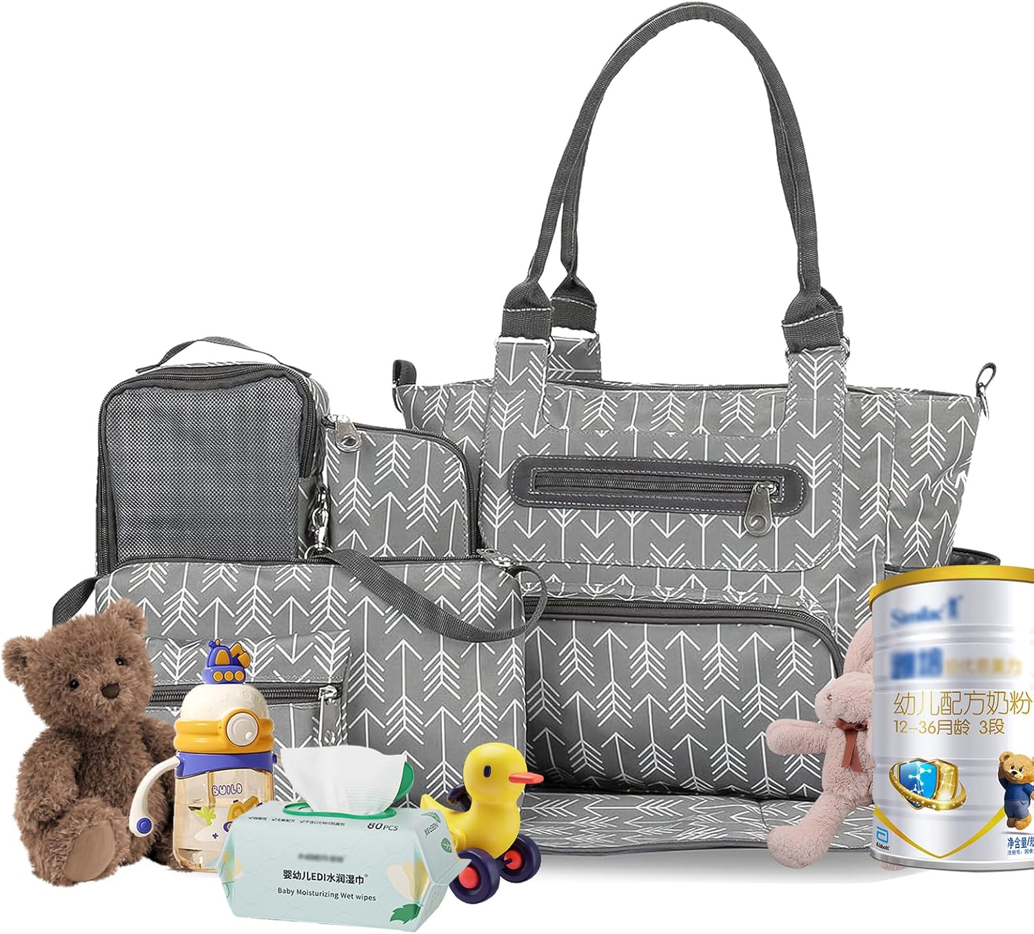 8Pcs Diaper Bag Tote Set, Multifunctional Diaper Handbag, Large Travel Diaper Carry Bag with Multi Pocket, Nappy Diaper Bag for Mom Grils Unisex Tote Bag(DarkGrey)