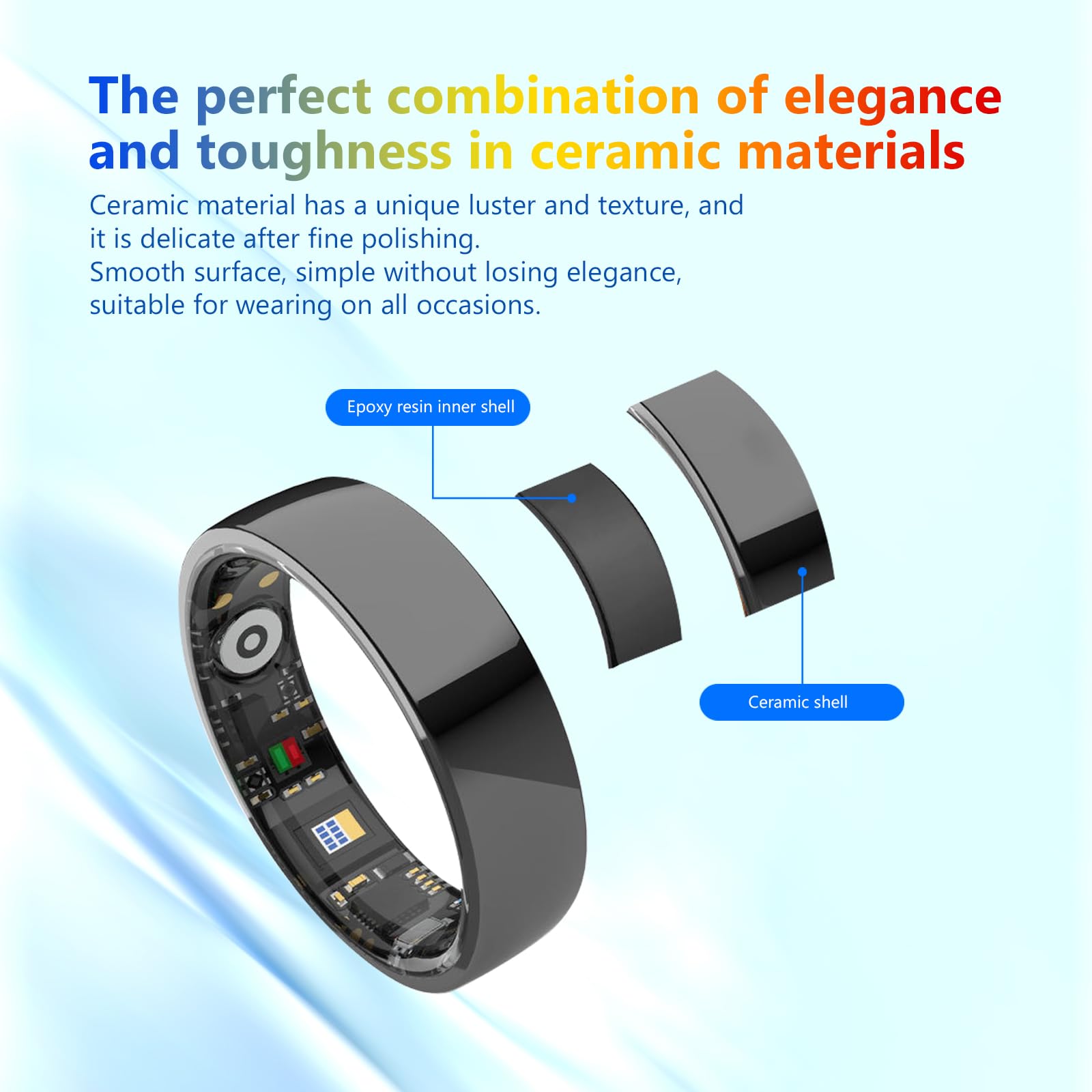 Smart Ring Ceramics para hombres y mujeres, rastreador con fitness, salud, sueño, pasos, compatible con iOS y Android, sin suscripción (negro, 8)