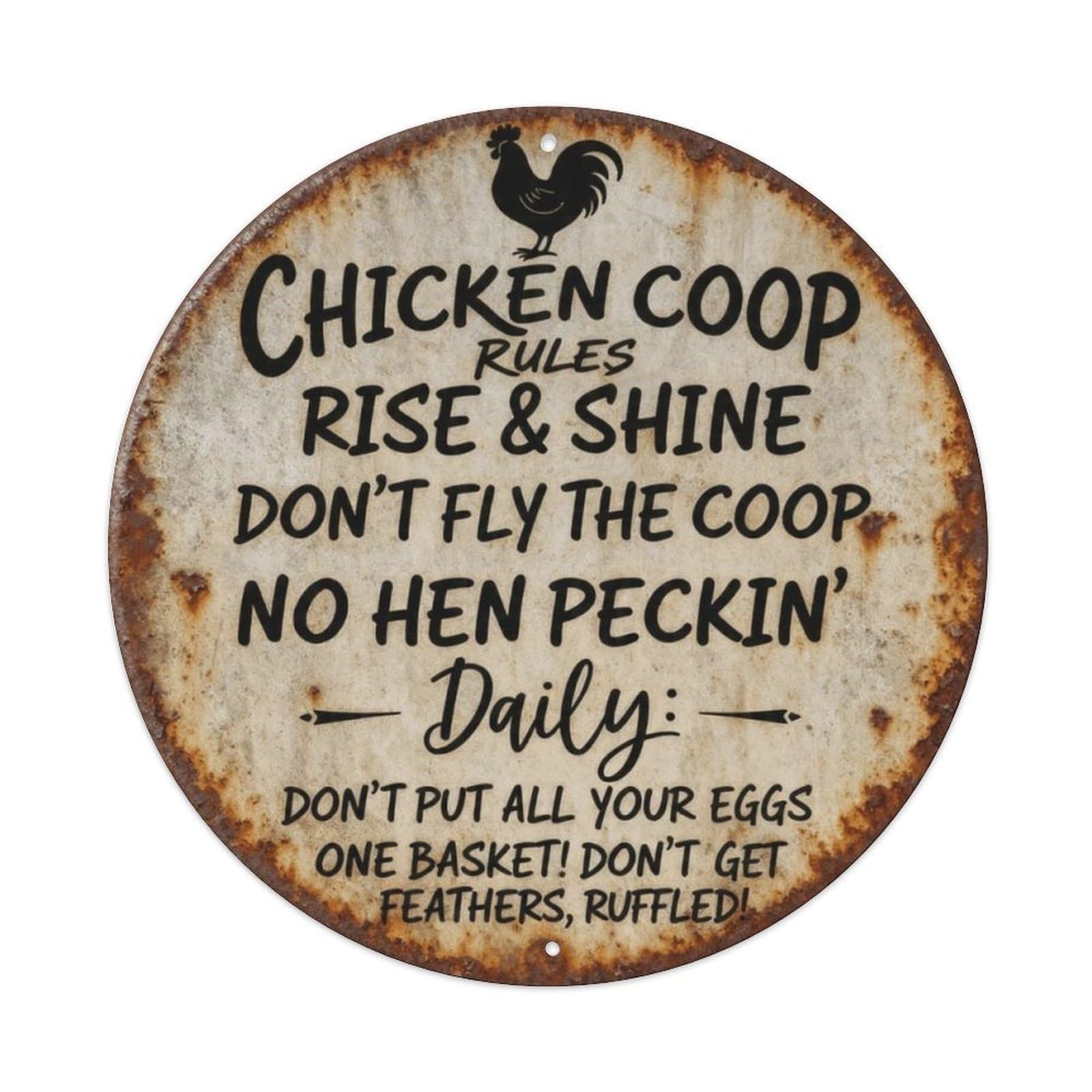 Vintage Farm Chicken Coop Rules Distressed Round Metal Tin Sign Vintage Aluminium Metal Sign, Retro Wall Decor for Home, Bar, Garage & Farmhouse 20x20cm