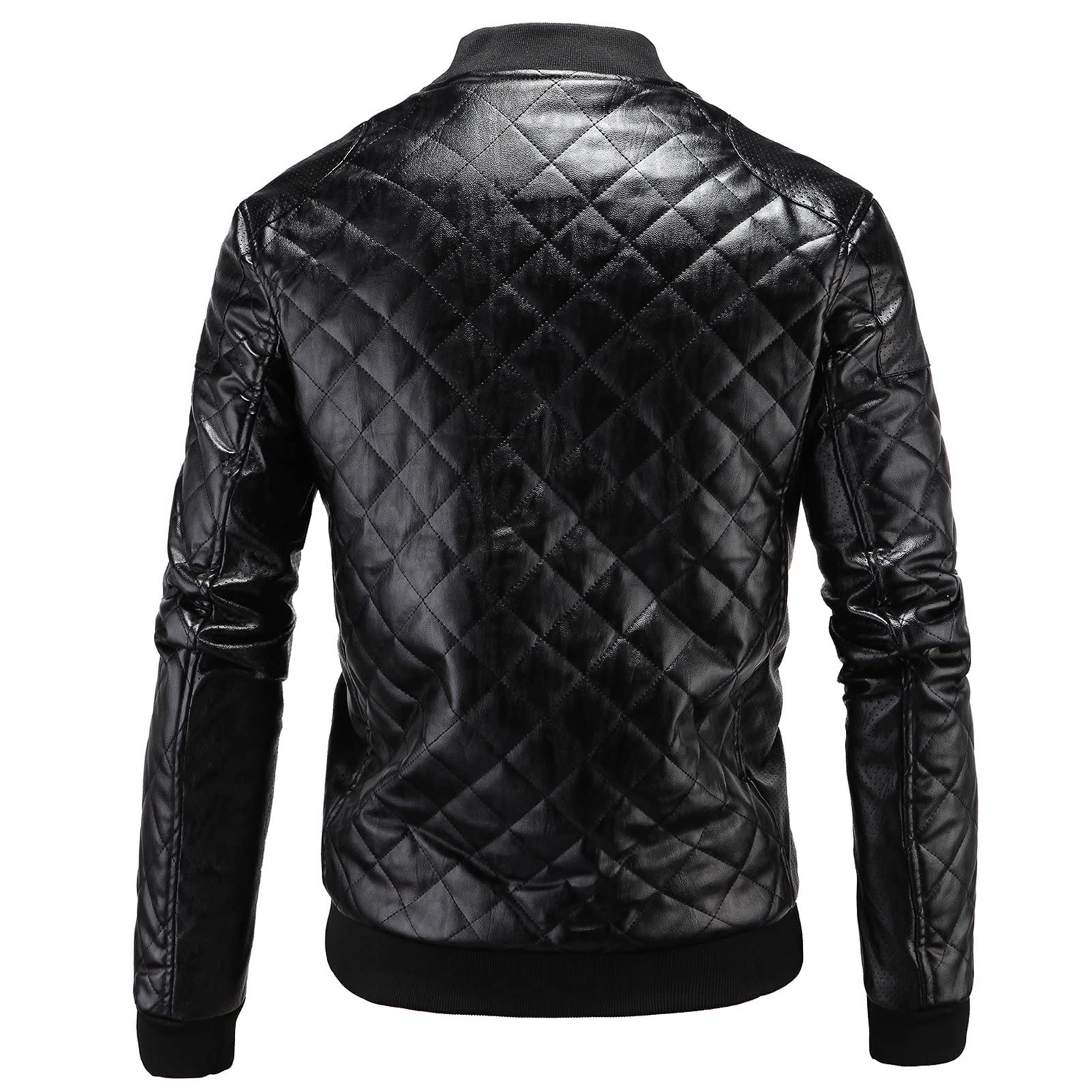 Maiyifu-GJ Men's Faux Leather Diamond Quilted Jacket Patchwork PU Leather Bomber Jacket Vintage Casual Zip Up Biker Coat (Black,XX-Large)