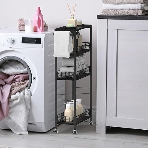 Miniatura 12 de Carrito de almacenamiento delgado de 4 niveles, carrito de lavandería estrecho con ruedas, carrito rodante de cocina con estantería móvil de mesa de