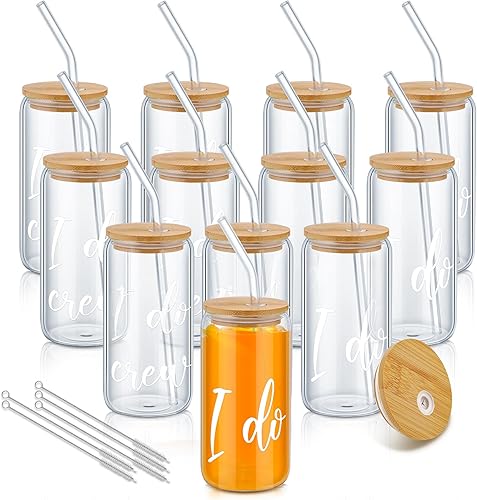 Dandat 12 vasos de vidrio I Do Crew con tapas y pajitas de bambú de 17 onzas, vasos de vidrio transparente para despedida de soltera, regalos de