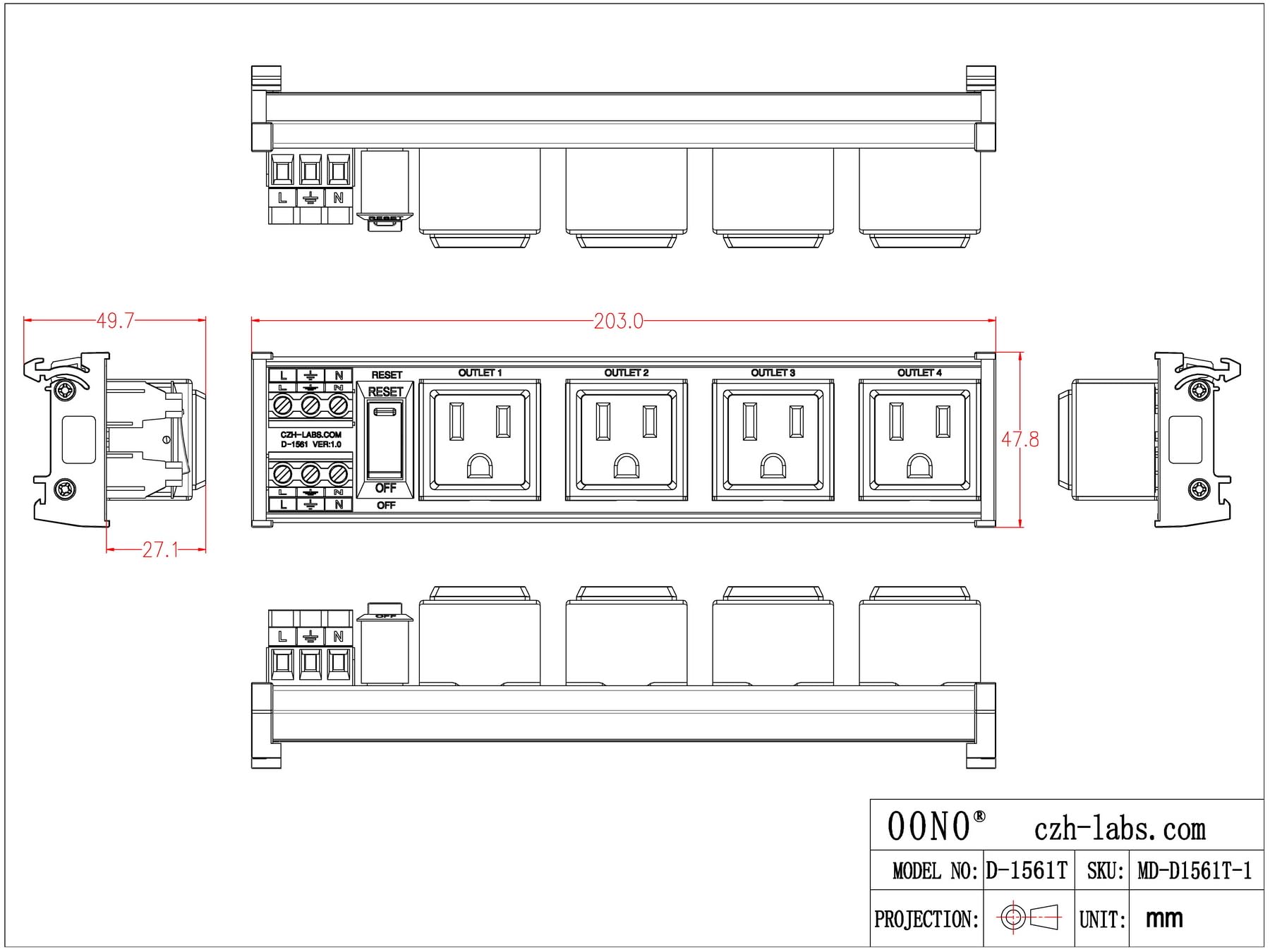 Snapklik.com : DIN Rail Mount AC 120V NEMA 5-15R 4 Receptacles Outlet ...