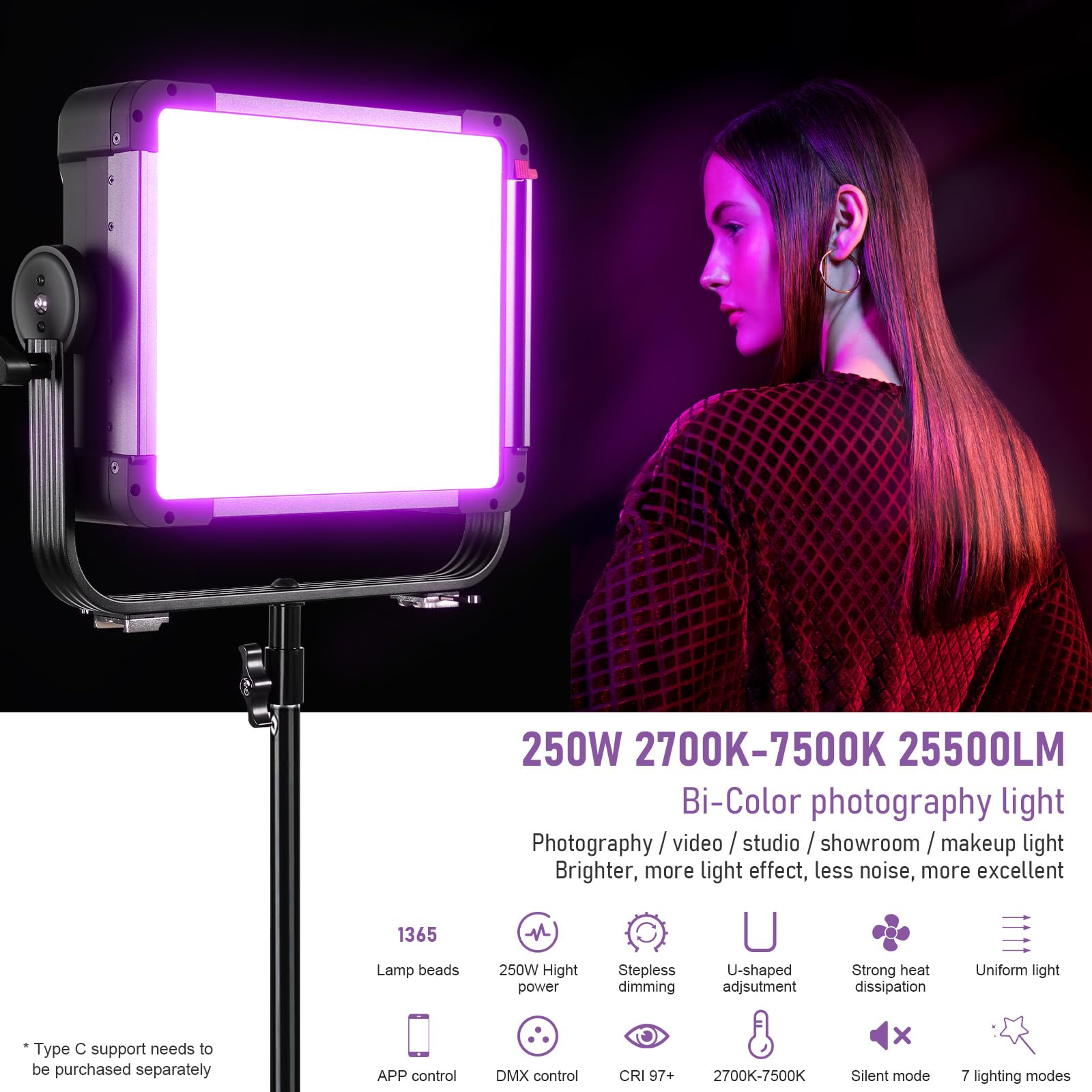 GVM - Lampada video a LED RGB, 200 W, controllo tramite app, illuminazione video a LED, 2700 K ~ 7500 K, CRI97+, luce da studio, luce continua, per video, YouTube, set da studio, matrimonio, 12 scene