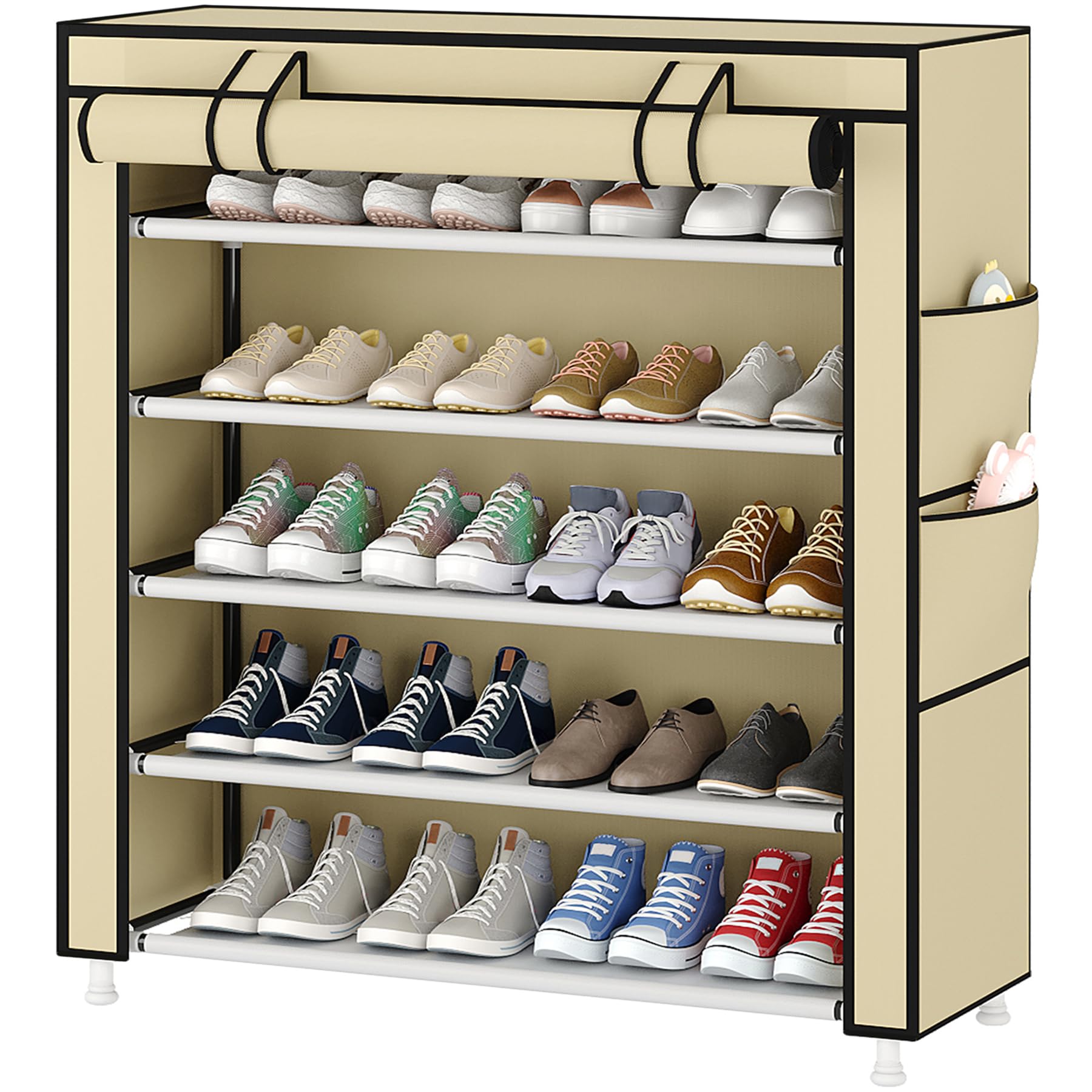 Laiensia 5-Tier Vertical Shoe Rack Organizer, Space Saving Shoe Storage Organizer, Non-Woven Cover Shoe Shelf Holds 15-20Pairs for Bedroom, Hallway, Closet Entryway, Beige