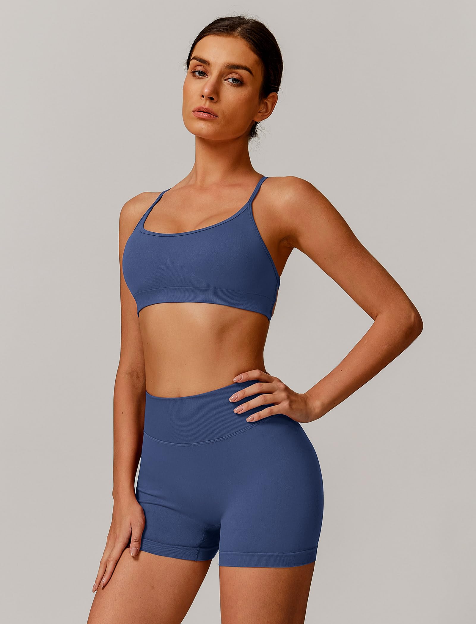 IMEKIS Conjunto de gimnasio de 2 piezas para mujer, traje deportivo Crossback con cintura alta, pantalones cortos de yoga, fitness, ropa deportiva, entrenamiento, jogging y pilates