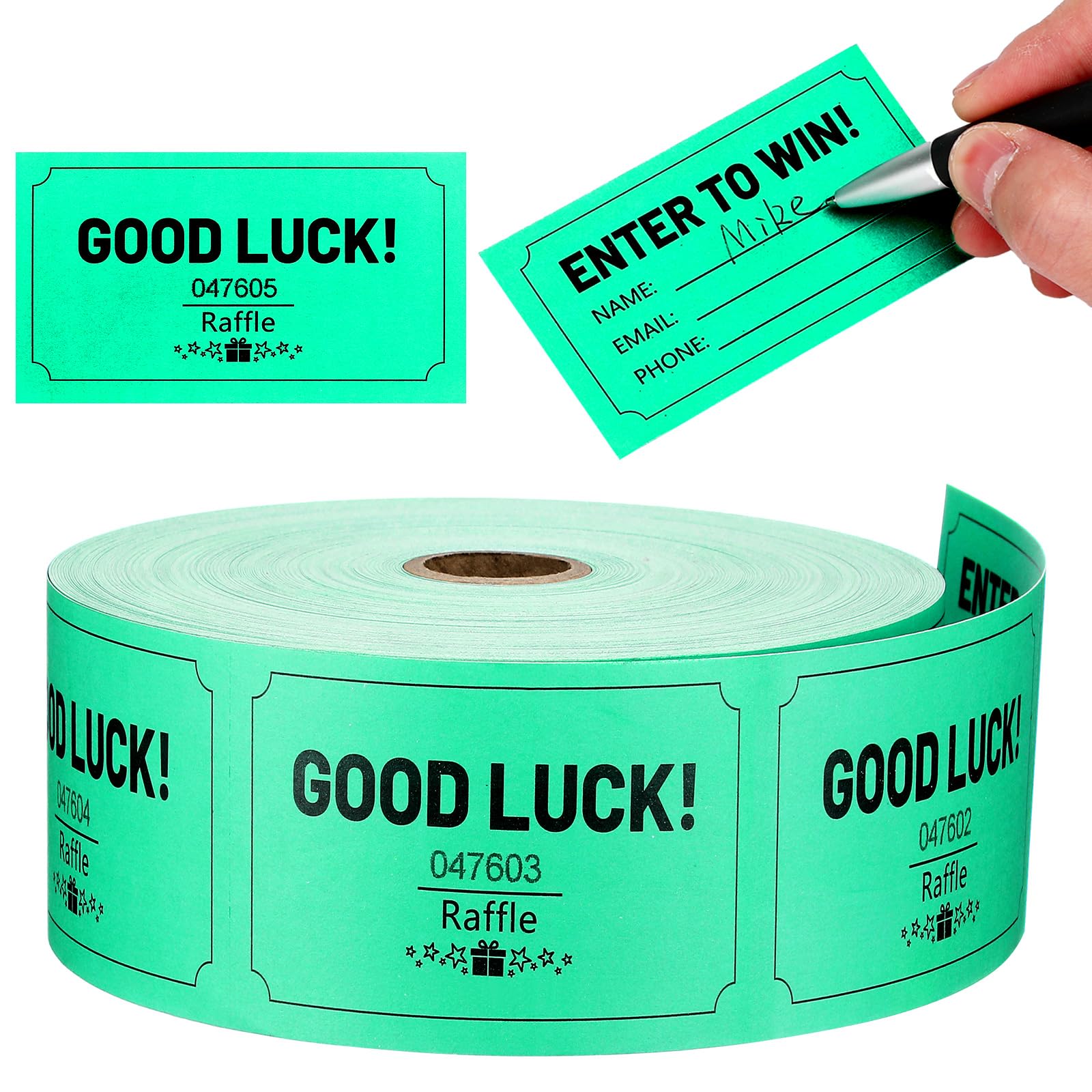 Clabby 1000 Pcs Large Raffle Tickets Rolls Green Raffle Cards Blank Entry Form with Name Phone Email for Events Fundraiser Prizes Printable for Classroom Entry Class Reward Door Prize