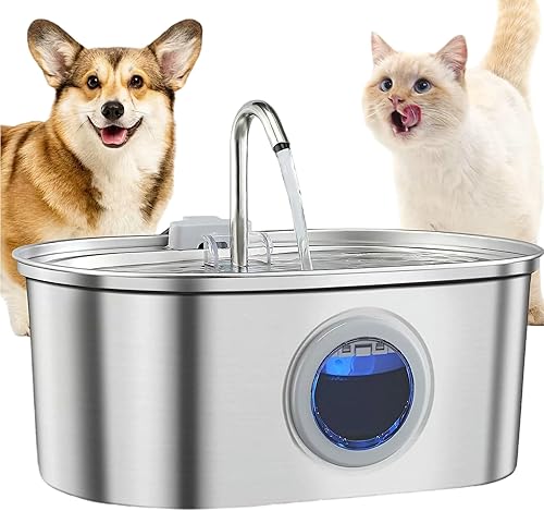 Fuente de agua para gatos de acero inoxidable, dispensador automático de agua para mascotas de 108 oz3.2 L con ventana de nivel de agua, bomba