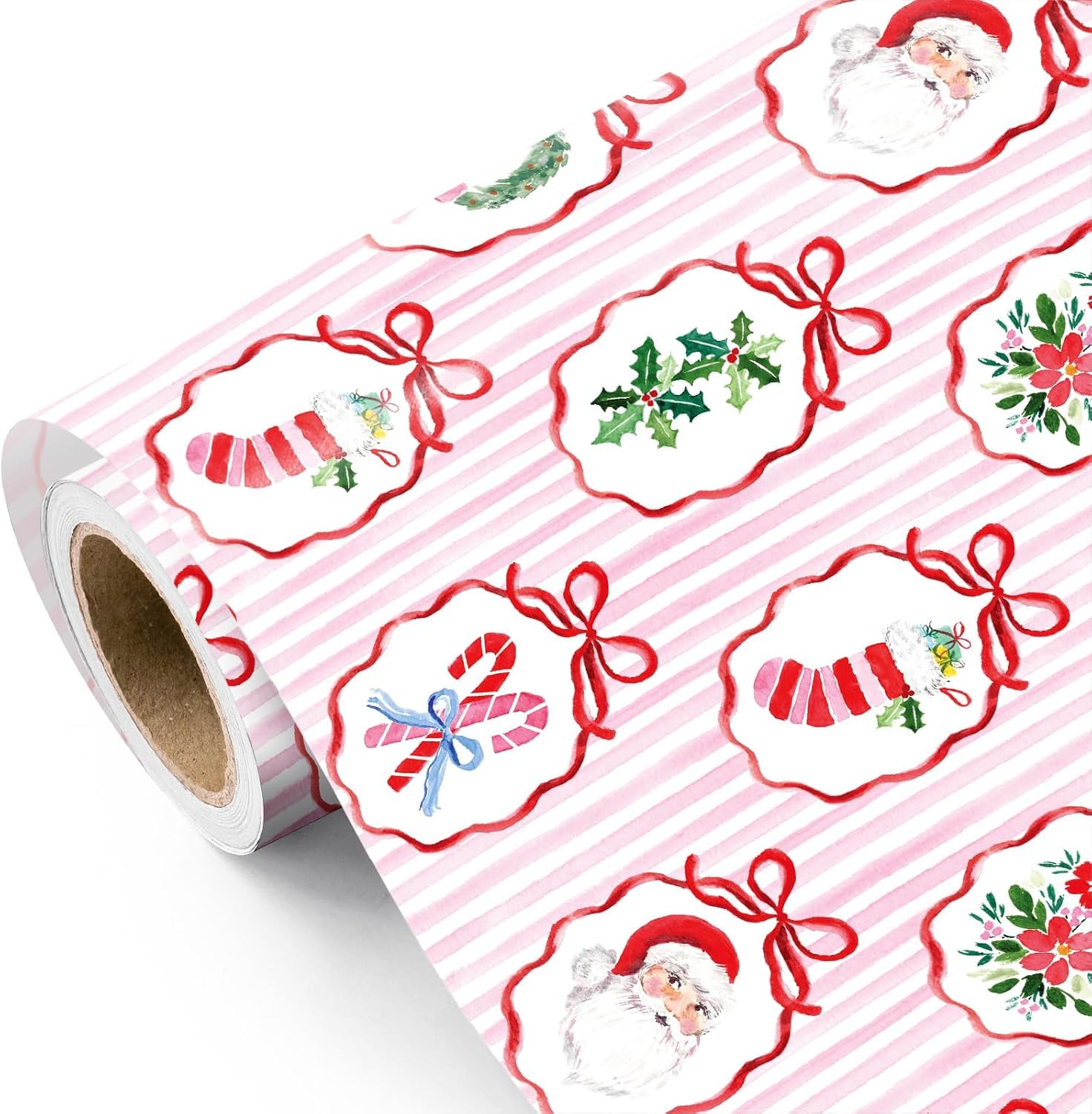 RUSPEPA Pink Christmas Wrapping Paper - Mini Roll - 43.2cm x 5m - Watercolor Festive Ornaments Frame on Pink Striped Wrapping Paper for Christmas, Winter Season