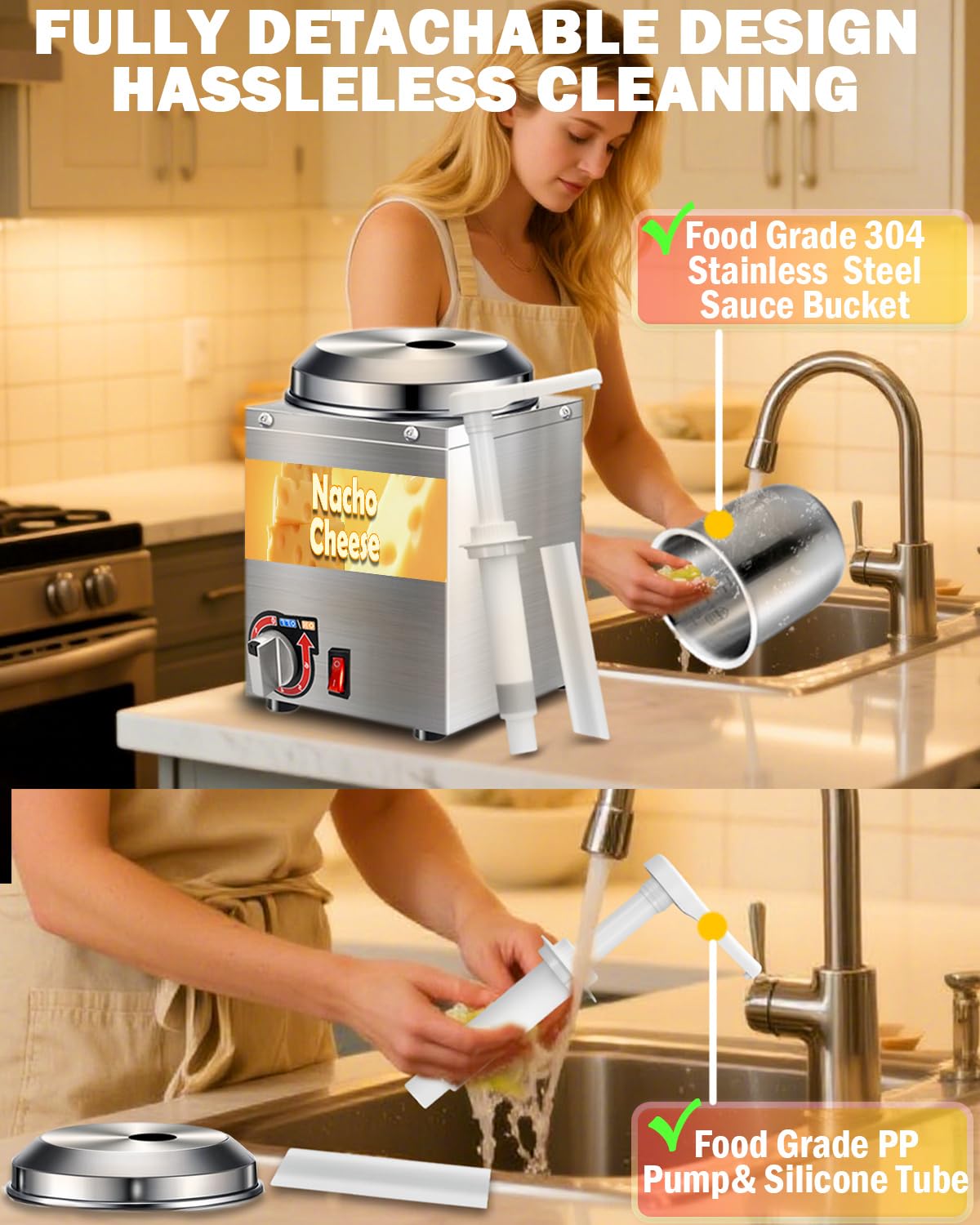 Dispensador de queso Nacho - Máquina de queso Nacho de 2,8 l con bomba, calentador de salsa caliente de acero inoxidable con ajuste de temperatura de 6 niveles, dispensador de jarabe para caramelo