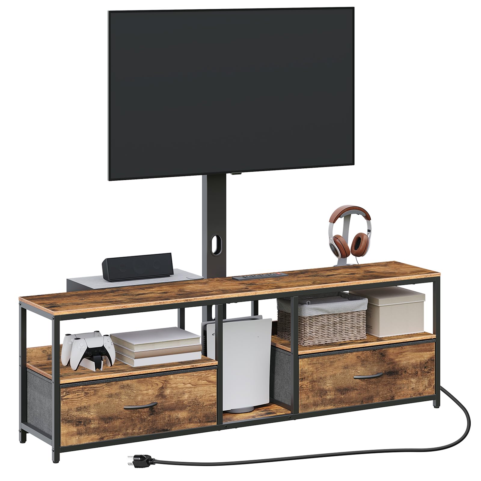 TV Stand with Mount for up to 75", Entertainment Center with Switch-Controlled Charging Station, Swivel TV Stand Mount with Fabric Drawers, for Living Room, Rustic Brown TVHR154E01N1
