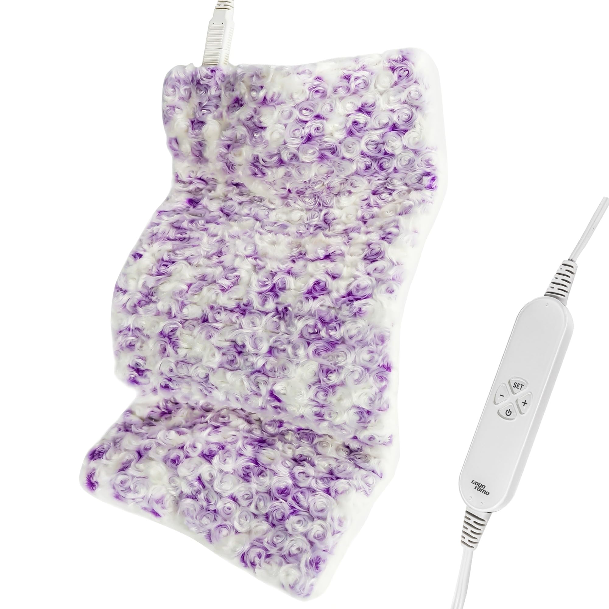 GOQOTOMO - Cuscino riscaldante elettrico per schiena, vita, addome, spalle, collo, dolori e crampi, 12 livelli di calore, 8 timer, cuscino termico in peluche, lavabile in lavatrice, 30,5 x 61 cm