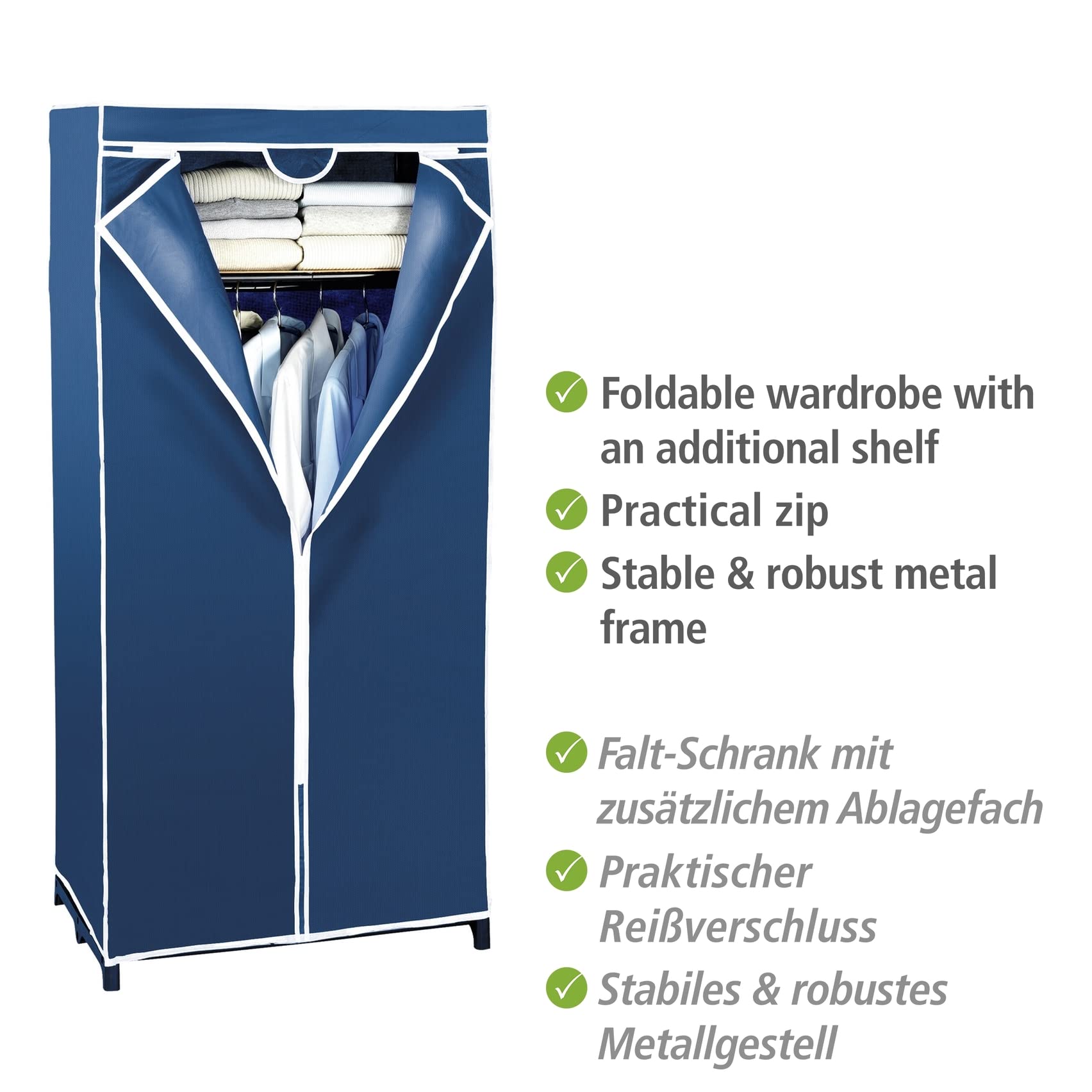WENKO Kleiderschrank Blu, praktischer Stoffschrank mit Kleiderstange und Ablage zur schonenden Aufbewahrung von Textilien, stabiles Metallgestell und Bezug aus Vlies-Stoff (PP), 75 x 160 x 50 cm, Blau
