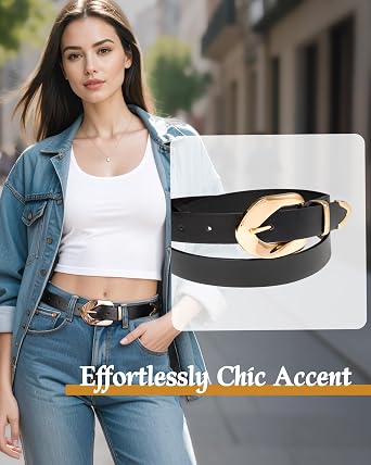 Womens Black thin Belt with Oversized Gold Buckle