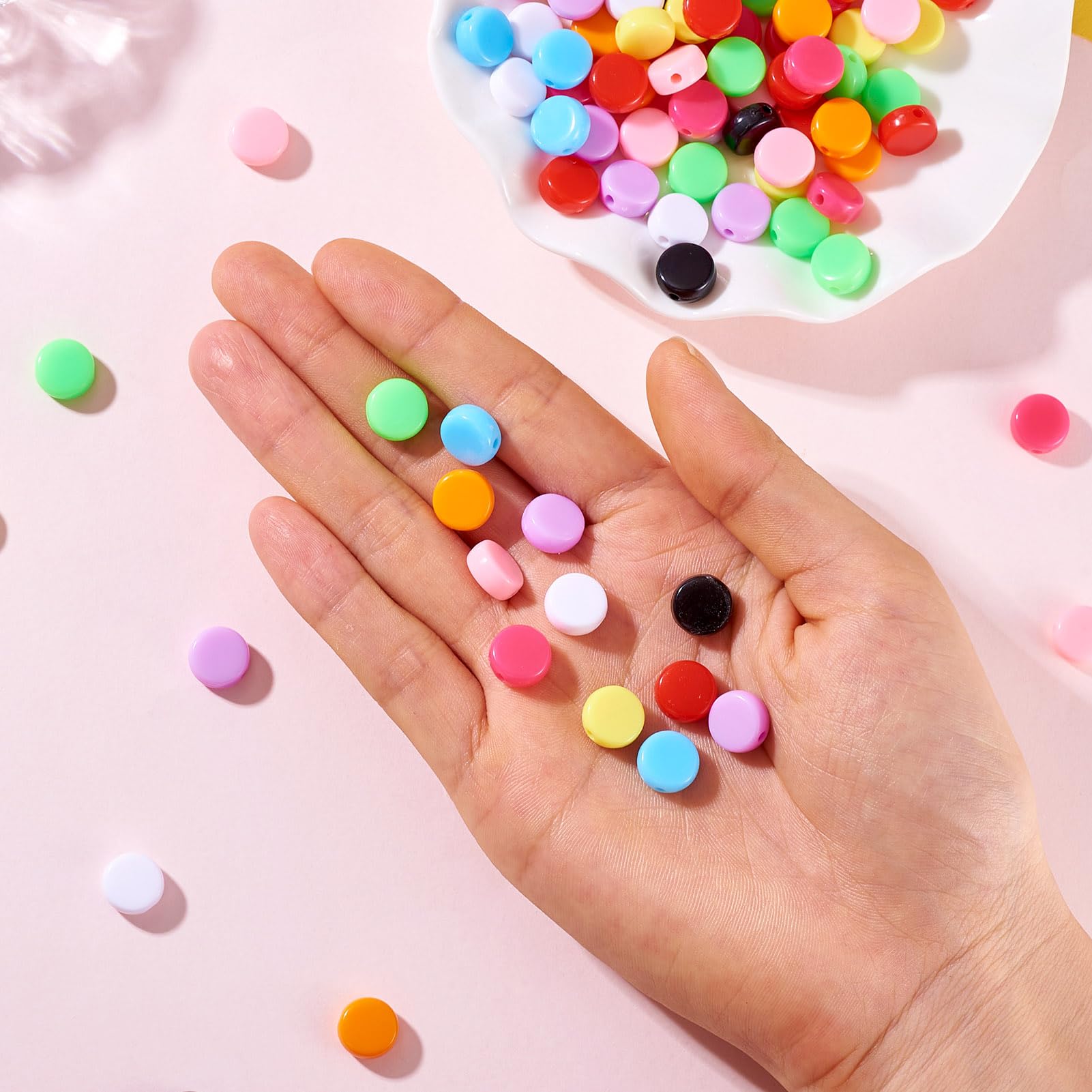 100Pcs 10mm Flat Round Acrylic Beads - Colorful Disc Spacer Beads For DIY Jewelry Making